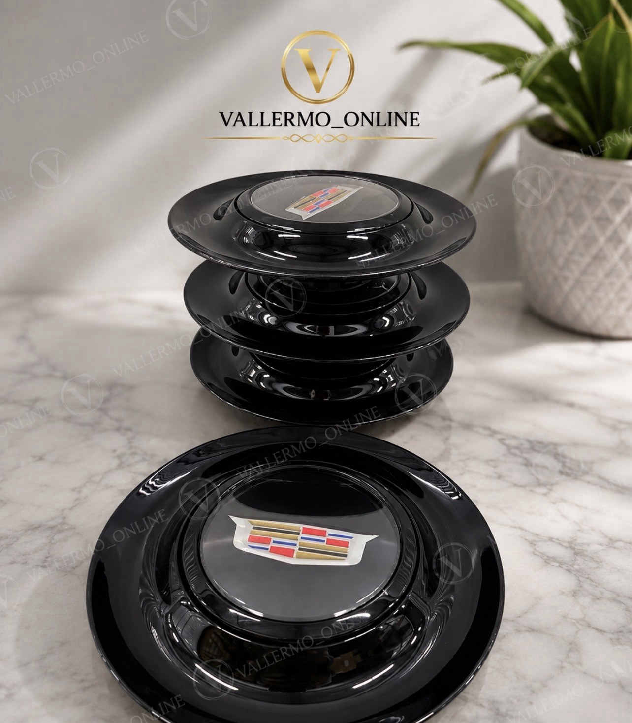 4 Black Floating Center Caps For Cadillac Forgiato XL Rim Emblem 7.2 In 182 mm