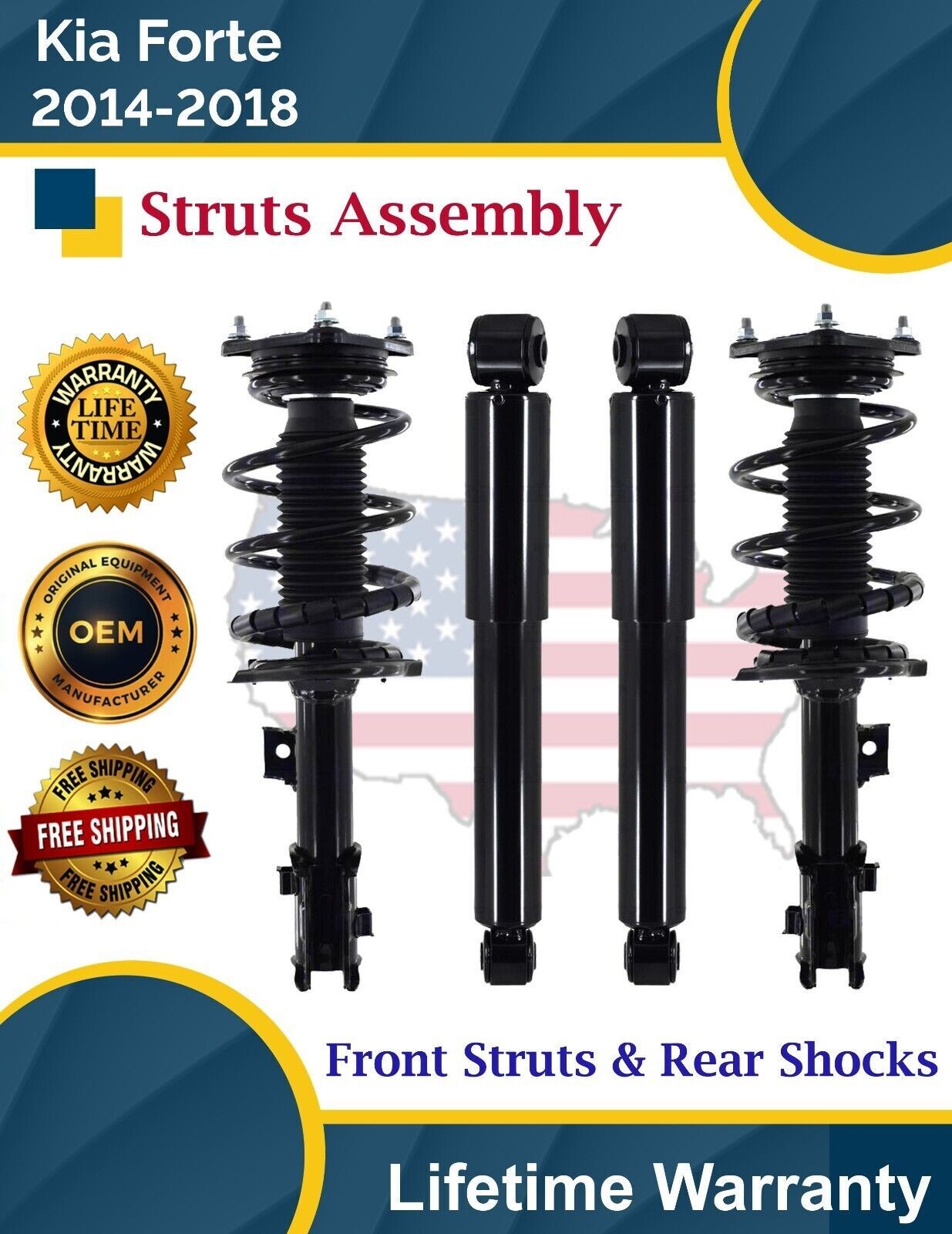 New OE Front Struts & Rear Shocks For 2014-2018 Kia Forte Lifetime Warranty