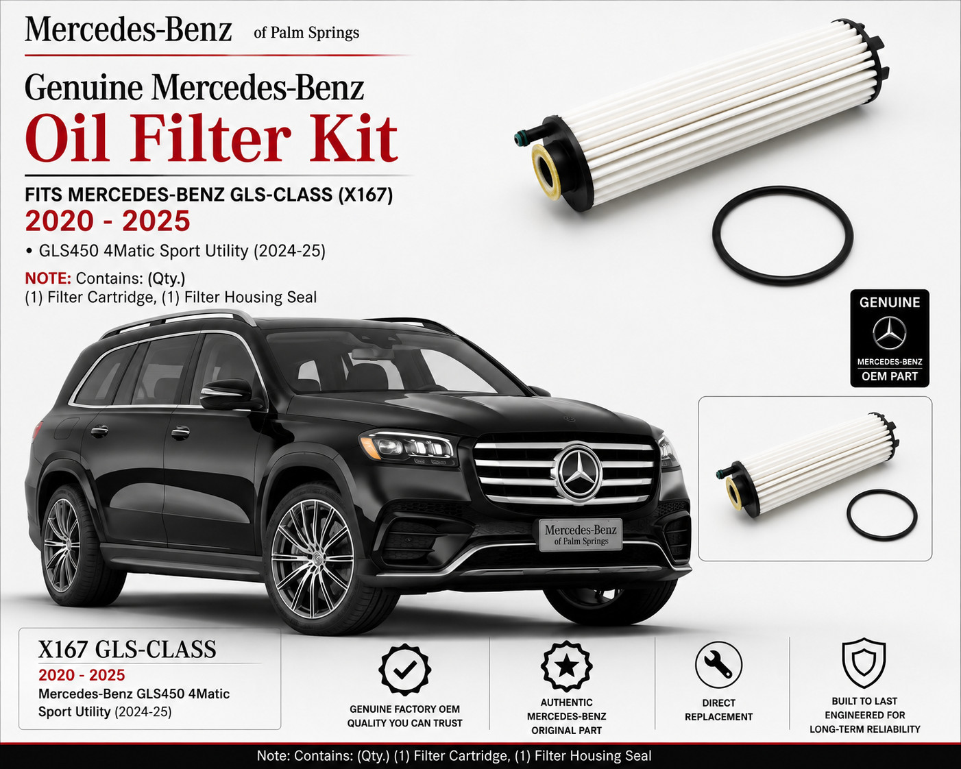 2020-2025 Genuine Mercedes-Benz X167 GLS450 4Matic Oil Filter Kit 2541840600