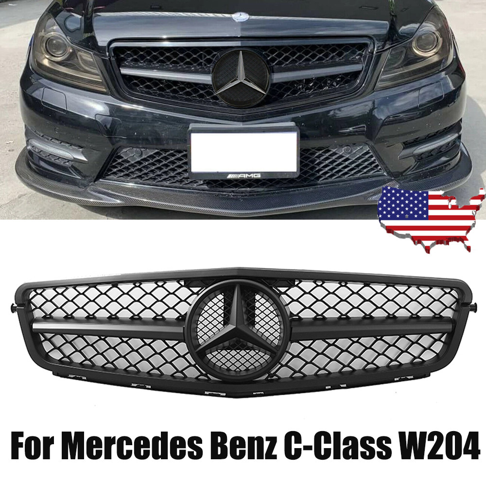 Gloss Black Grille Grill w/Star For 2008-14 Mercedes Benz W204 C-Class C300 C350