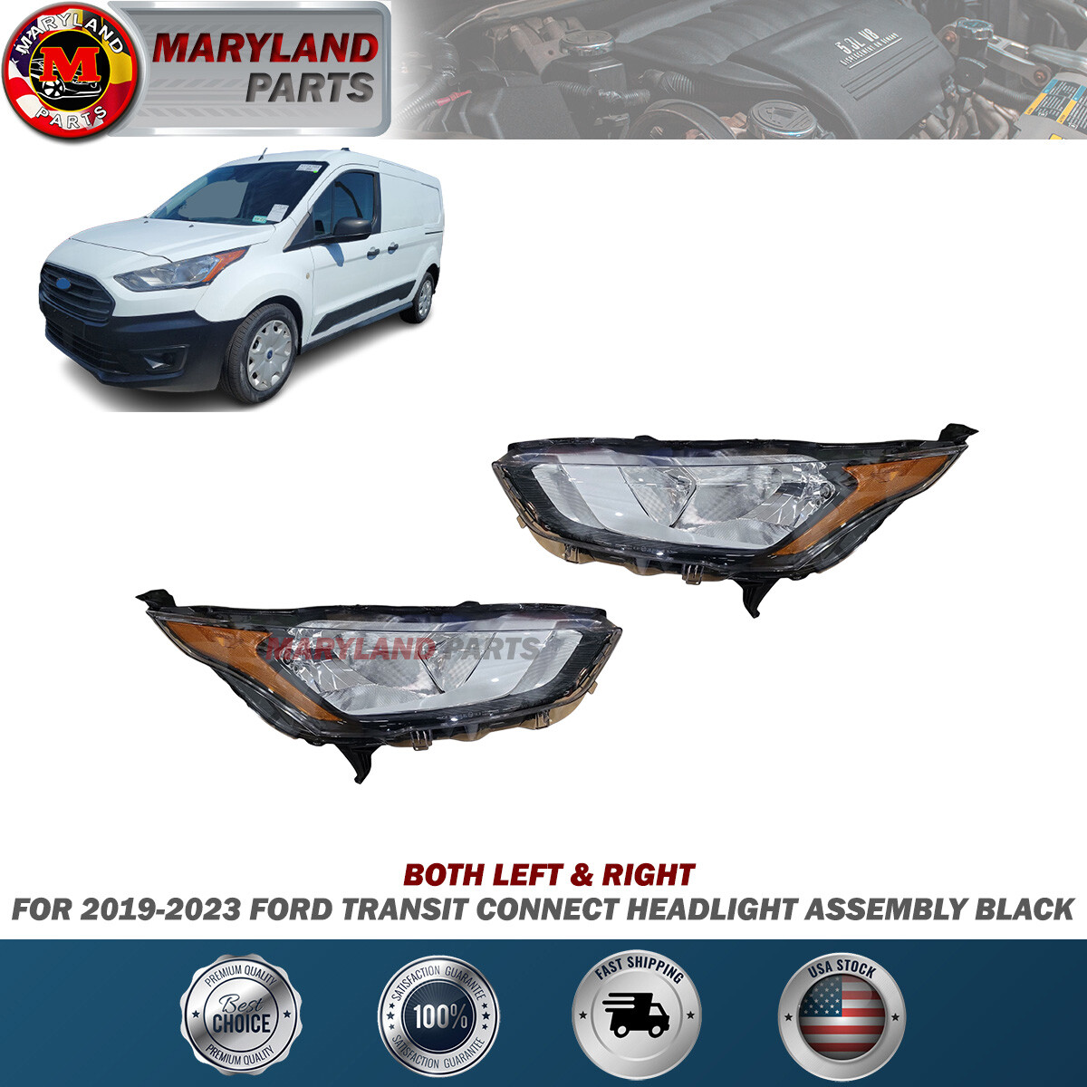 For 2019-2023 Ford Transit Connect Both Left & Right Headlight Assembly Black For 2019-2023 Ford Transit Connect Both Left & Right Headlight Assembly Black
