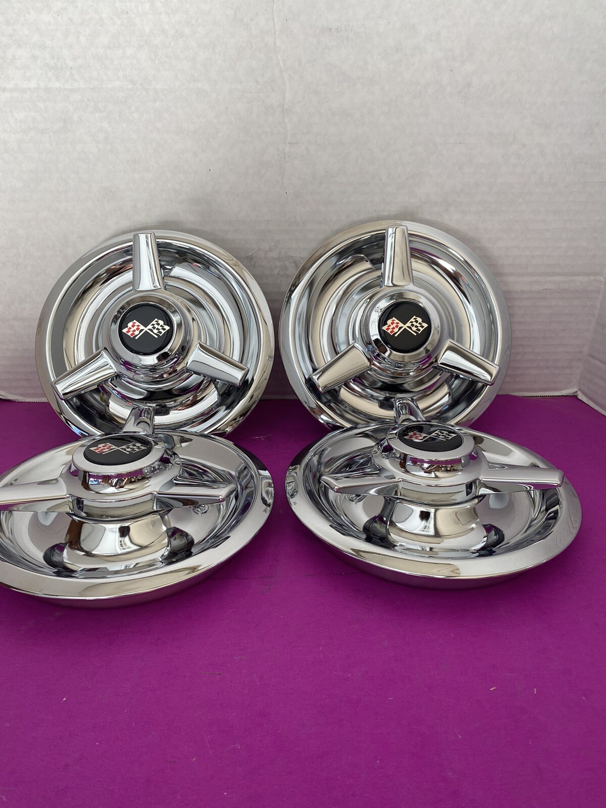 (4) 3 BAR SPINNERS CENTER CAPS FOR CHEVY RALLY WHEELS 7\ (4) 3 BAR SPINNERS CENTER CAPS FOR CHEVY RALLY WHEELS 7\