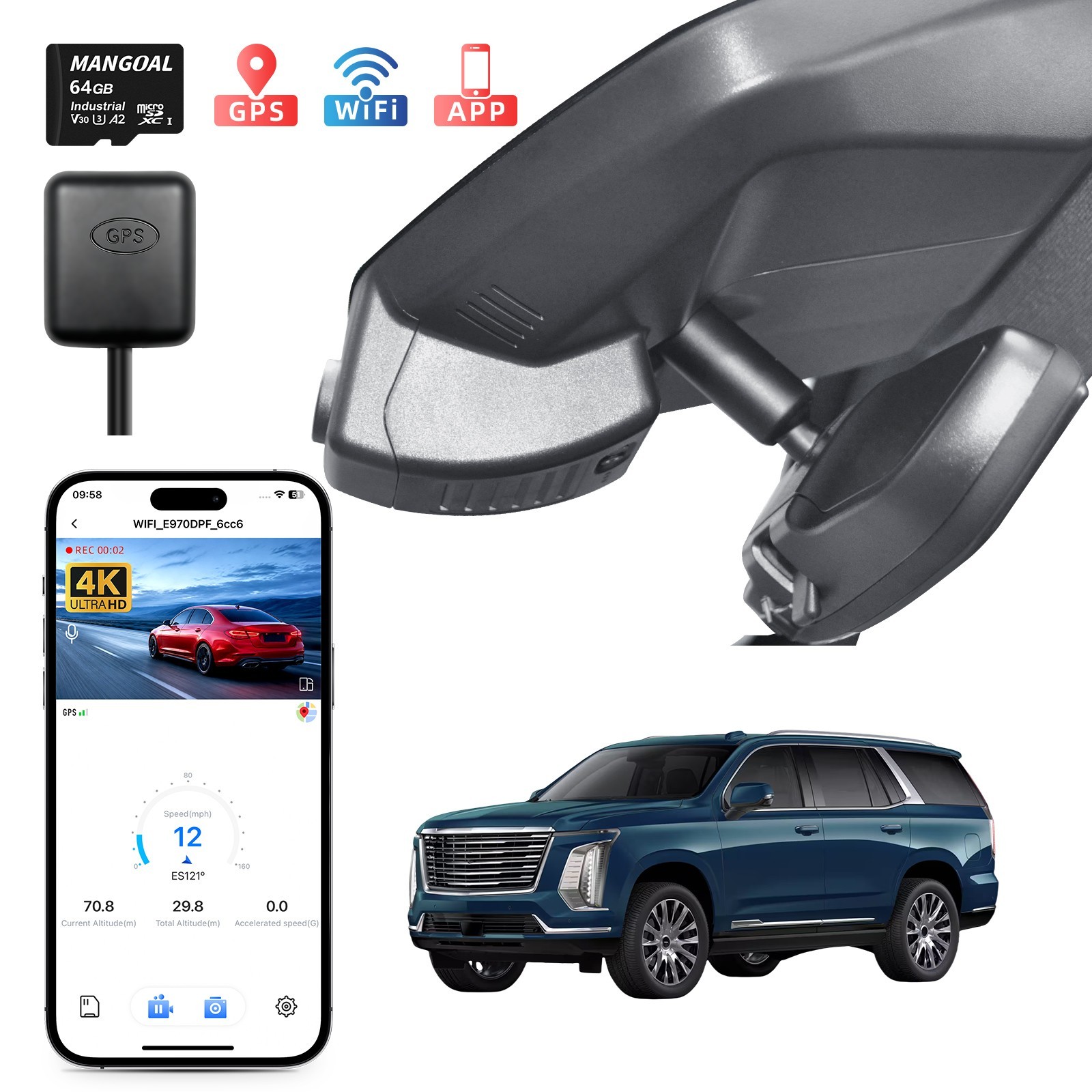 4K Dash Cam Custom for Cadillac Escalade/Escalade ESV 2021-2026 OEM Look GPS APP