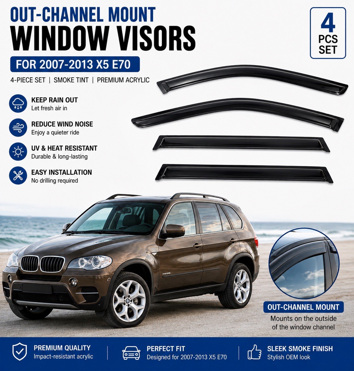Rain Guards Window Visors for BMW X5 2007-2013 E70 Out-Channel Deflectors 4PC