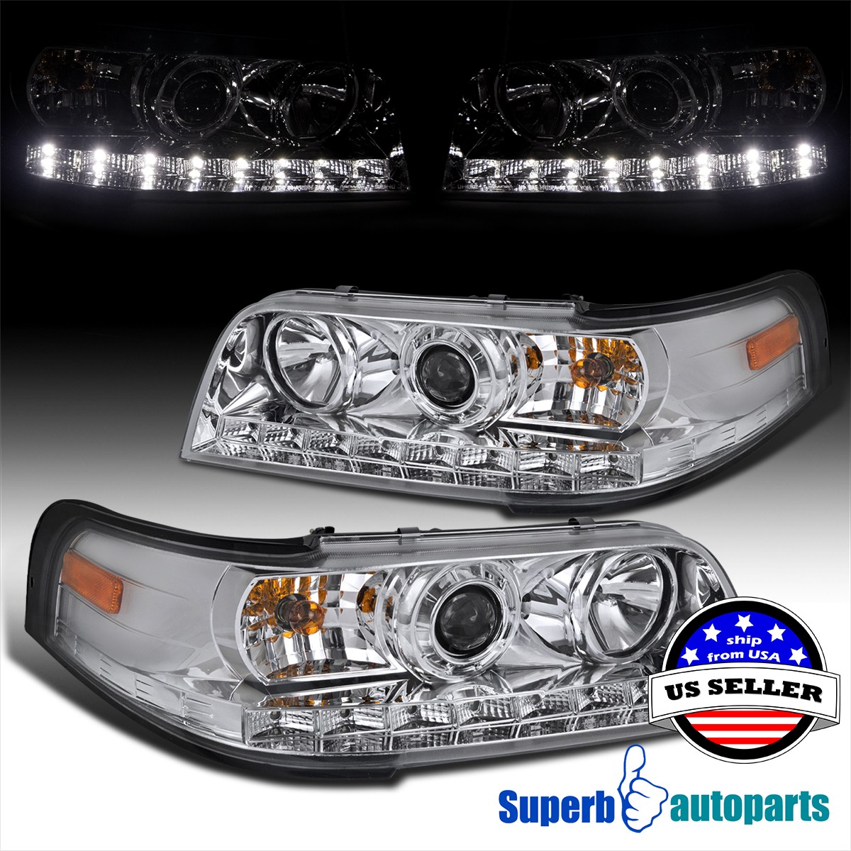 Fit 1998-2011 Ford Crown Victoria Projector Headlights Head Lamp LED Strip Fit 1998-2011 Ford Crown Victoria Projector Headlights Head Lamp LED Strip