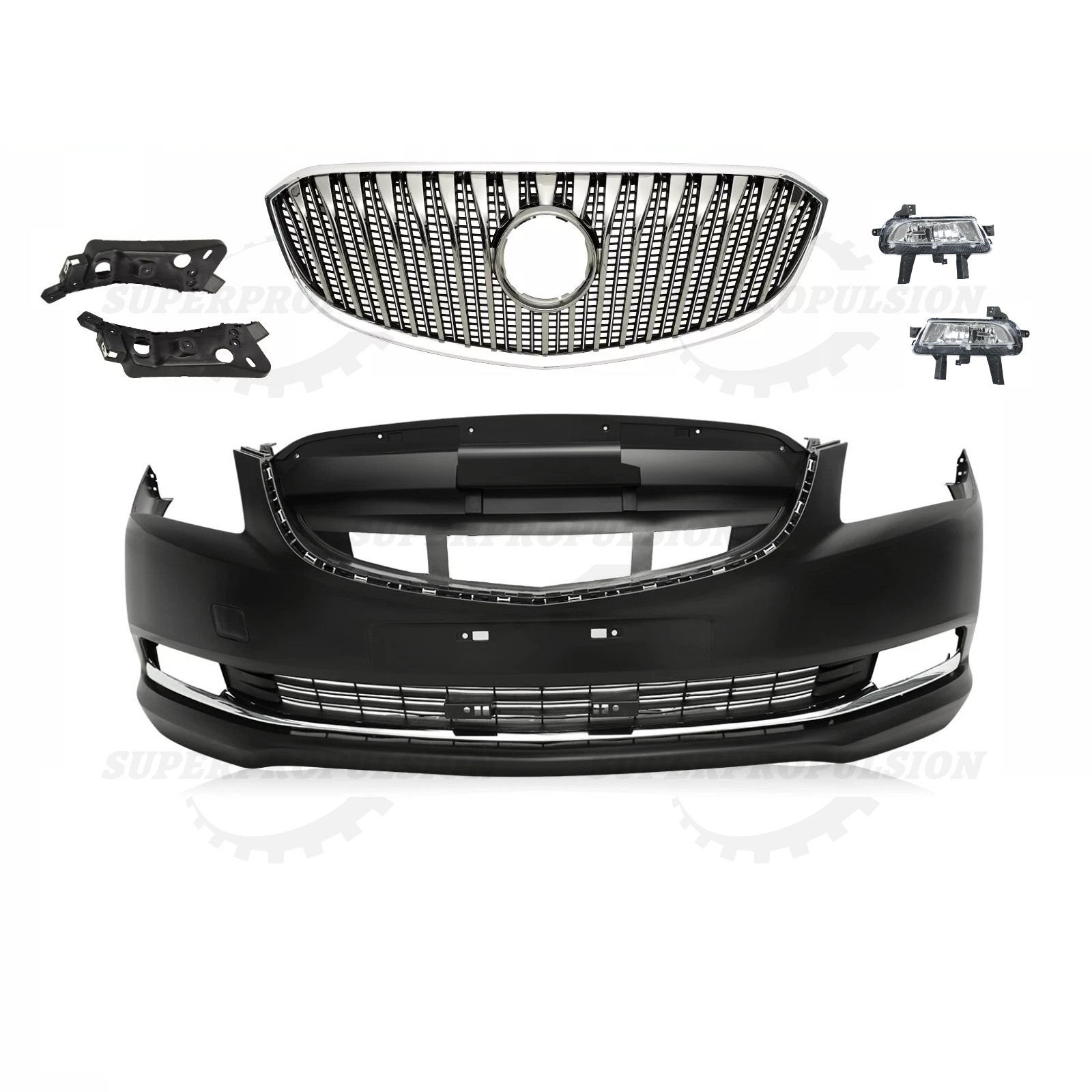 Front Bumper+Upper Grill+Support 6pcs For 2014 2015 2016 Buick LaCrosse Black