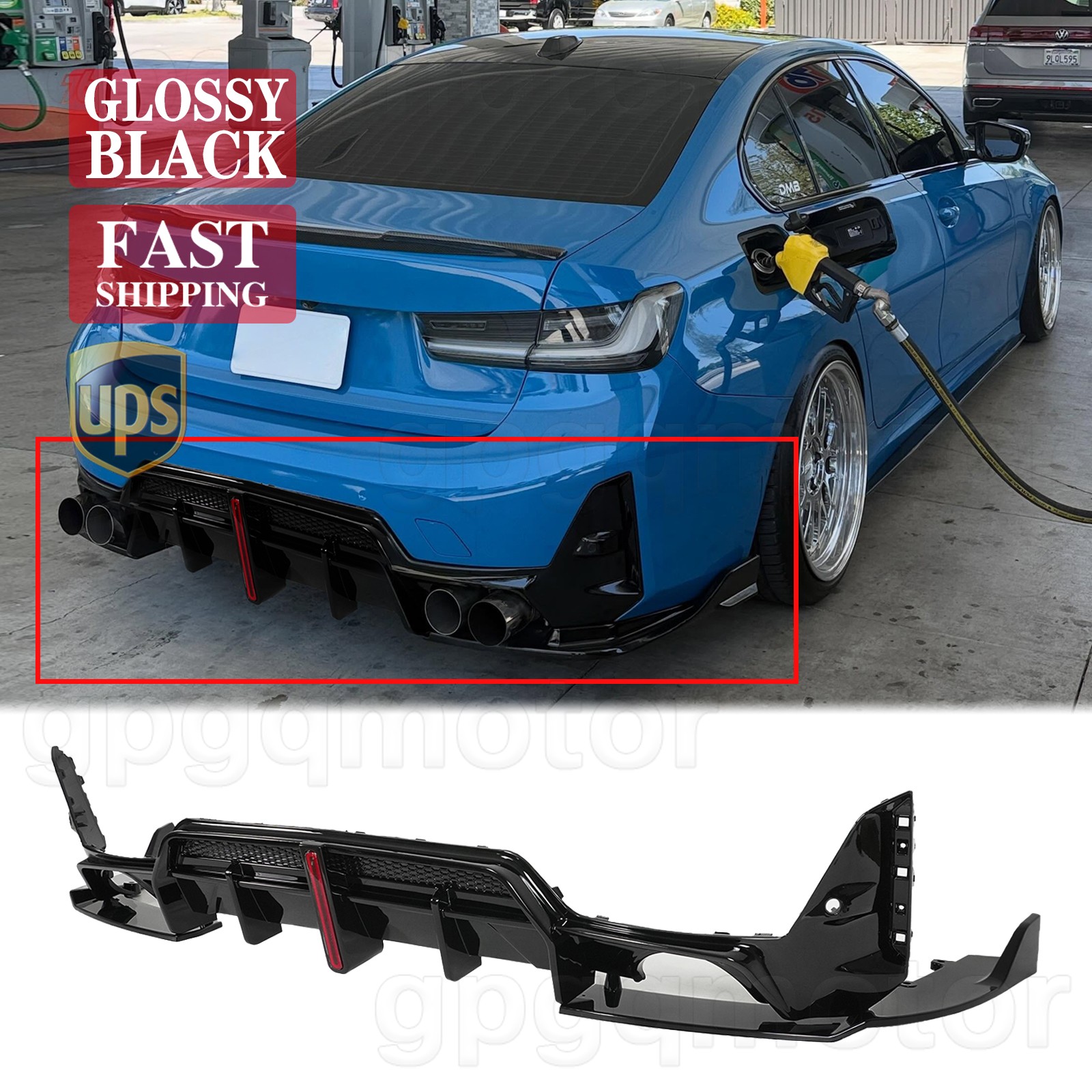 For BMW G20 LCI 330i M340I 2023-2026 Gloss Black Rear Bumper Diffuser W/ LED Set