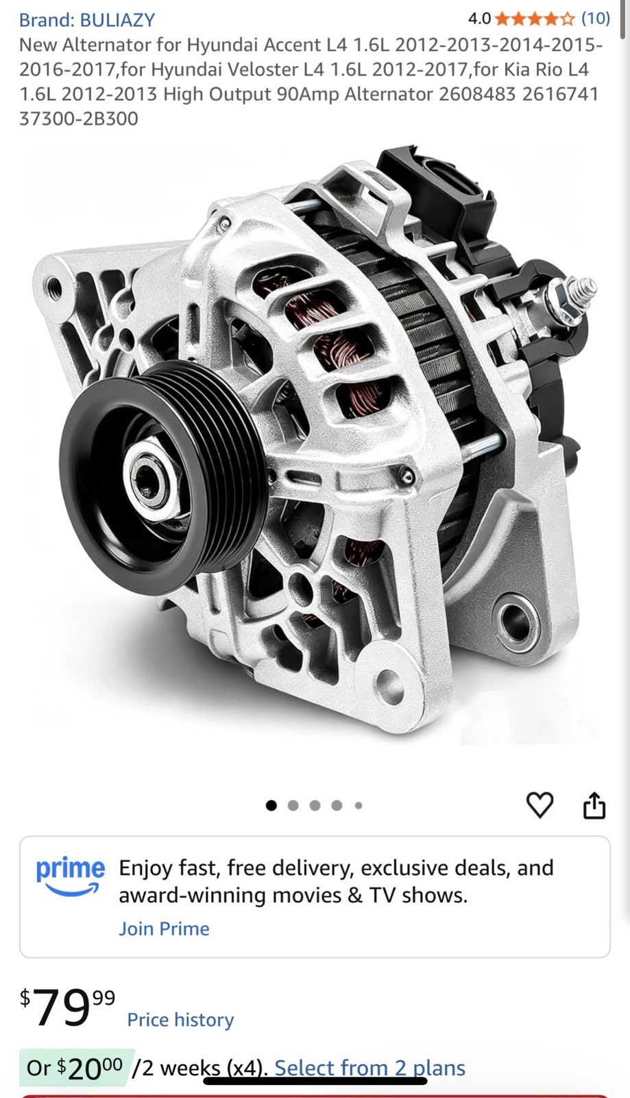 90A Alternator Hyundai Accent Veloster Kia Rio 1.6L 2012-17 37300-2B300