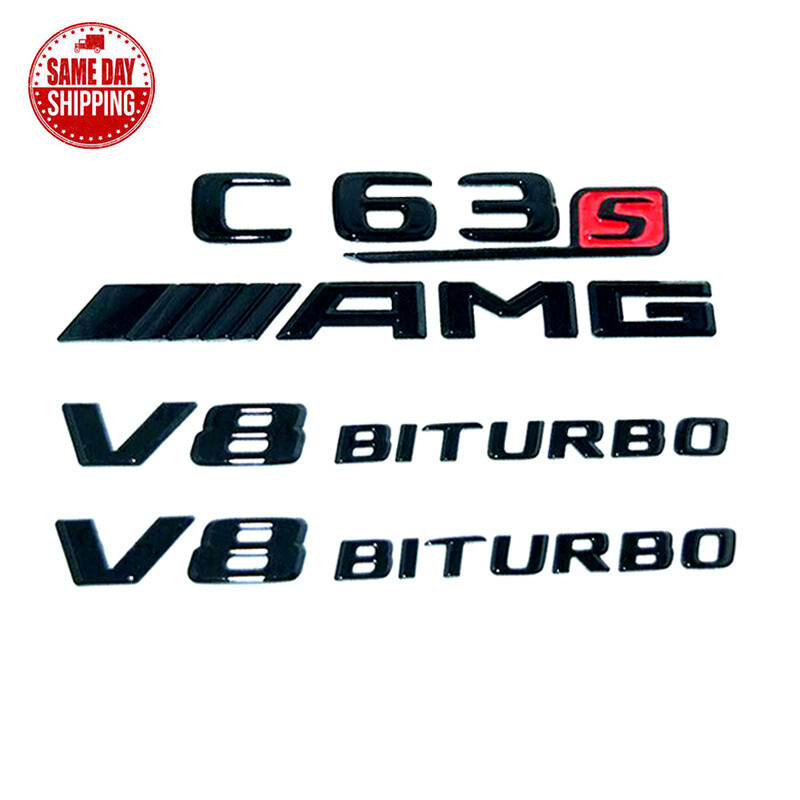 C63S+AMG+V8 BITURBO GLOSS BLACK Emblem Badge For Mercedes Benz C63 S NEW VERSION