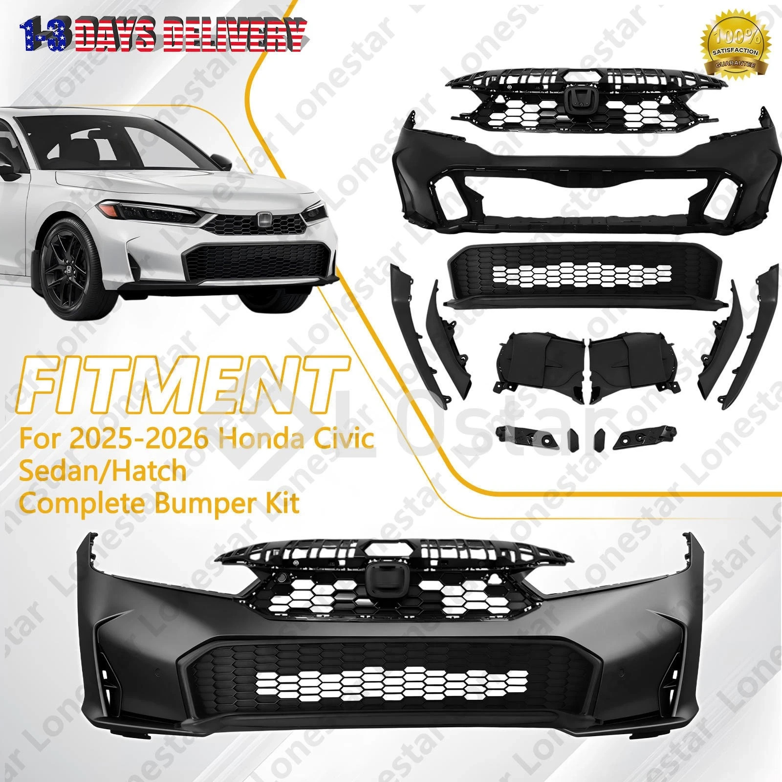 Front Complete Bumper Cover Kit W/ Upper Lower Grille For 2025-2026 Honda Civic Front Complete Bumper Cover Kit W/ Upper Lower Grille For 2025-2026 Honda Civic