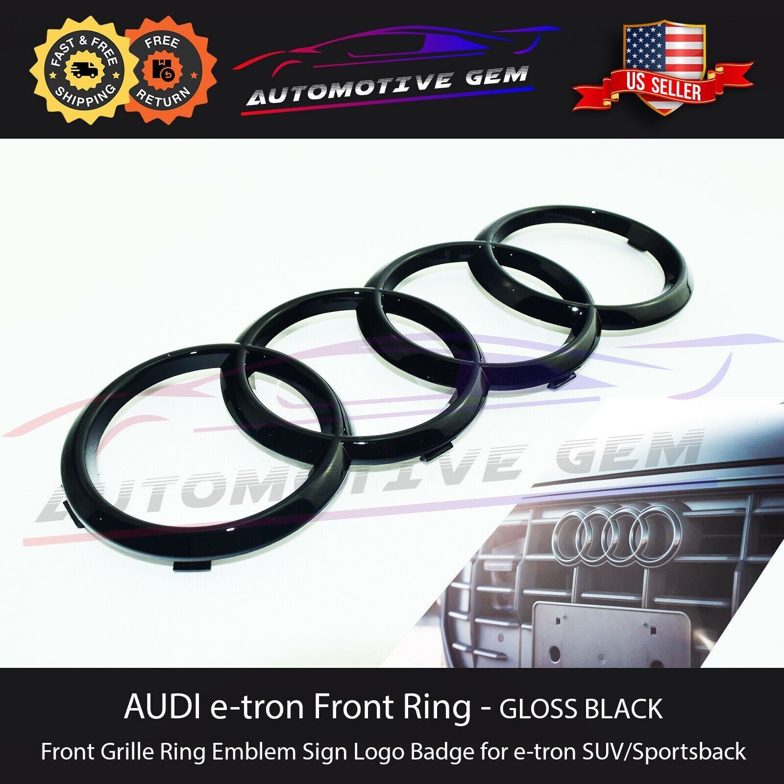 NEW AUDI e-tron GLOSS BLACK Front Grille Ring Emblem etron SUV Sportback etron