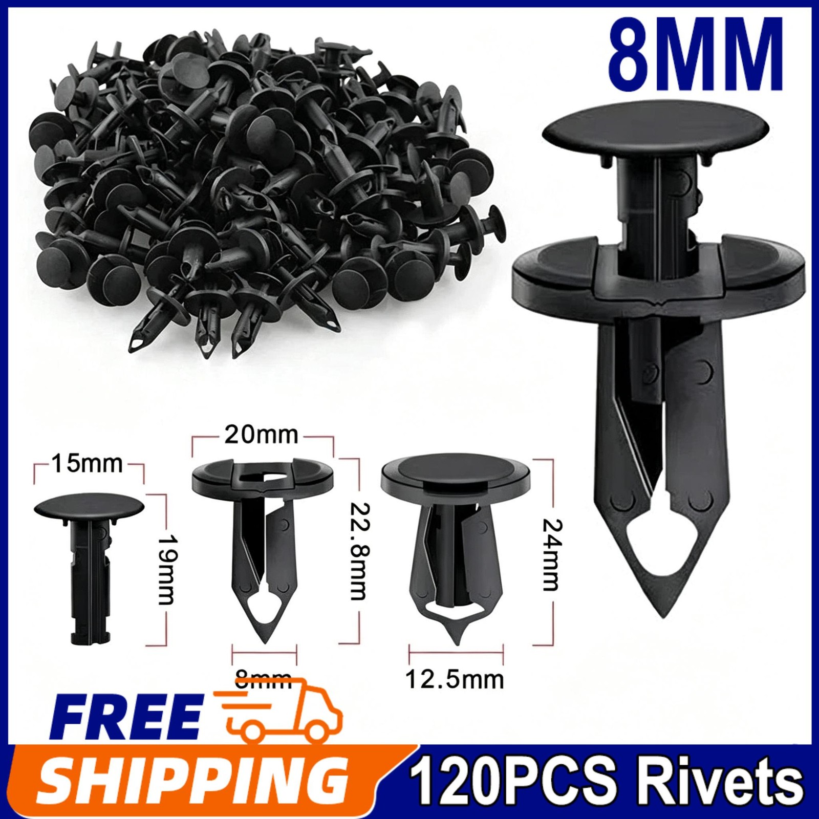 120-Pack 8mm Bumper Clips Retainer Auto Car Plastic Rivets Fastener Fender Push