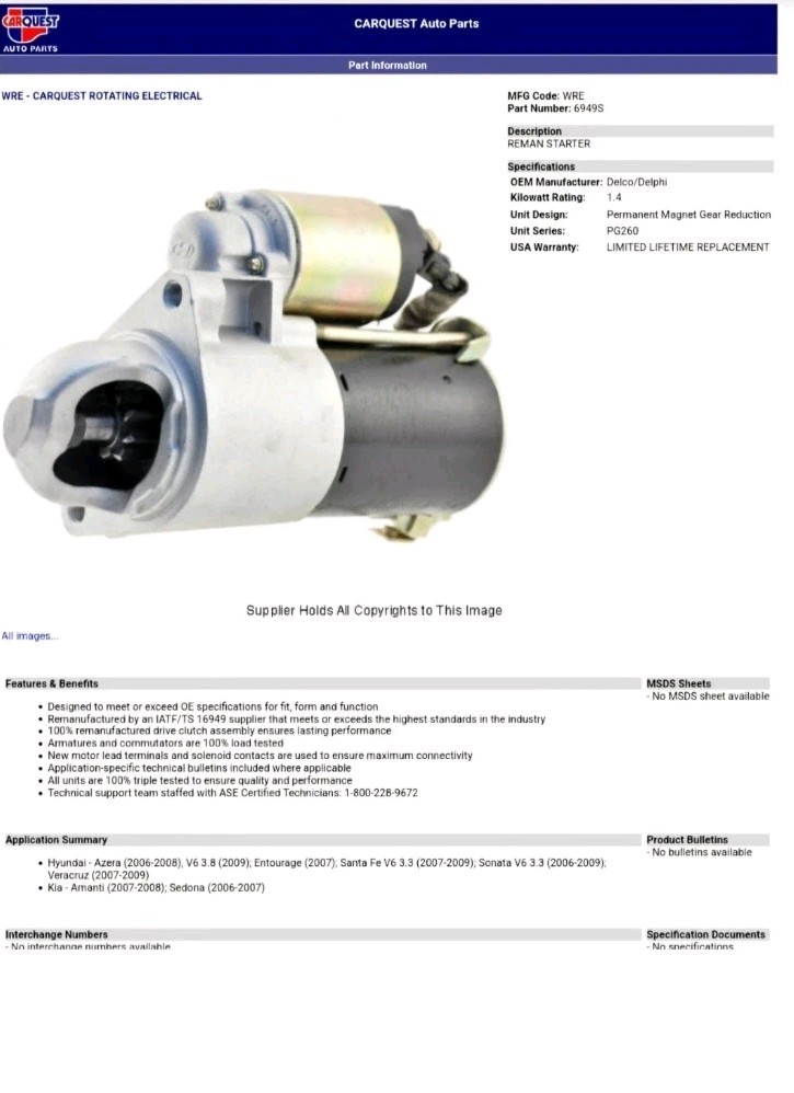 CARQUEST 6949S Starter Motor Remanufactured 11-1 CARQUEST 6949S Starter Motor Remanufactured 11-1