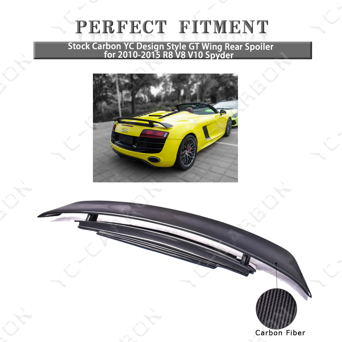 Stock Carbon YC Design Style GT Wing Rear Spoiler for 2010-2015 R8 V8 V10 Spyder