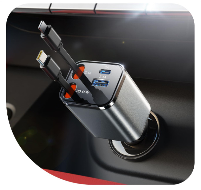Cargador Auto Retráctil 84W USB-C Carga Rápida Adaptador Viaje para Teléfono