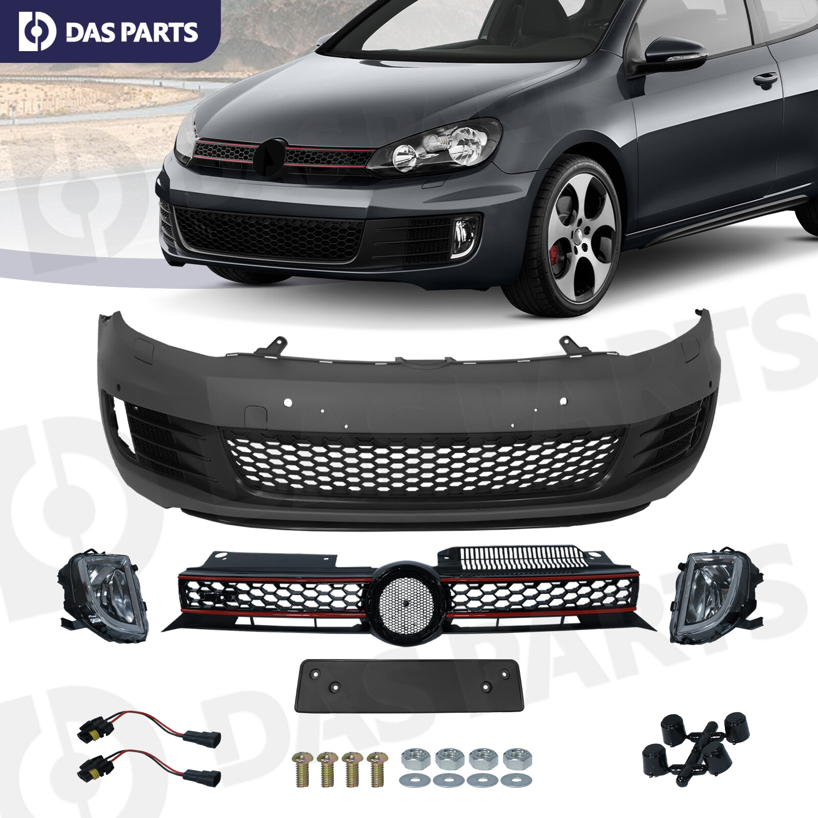For 10-14 VW Golf MK6 To GTI Style Front Bumper Grille w/Redline Fog Light Set