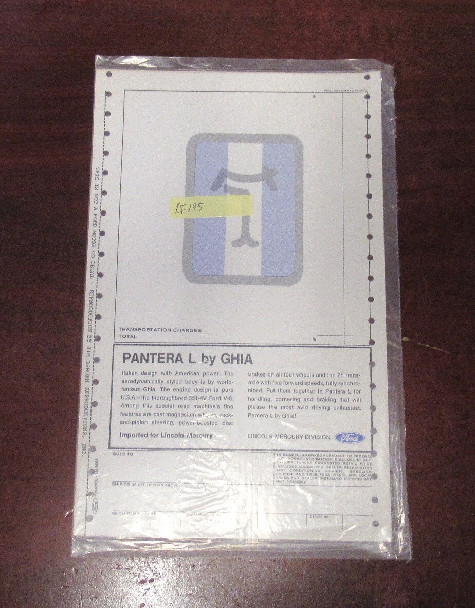 1973-74 DeTomaso Pantera NEW Window Sticker