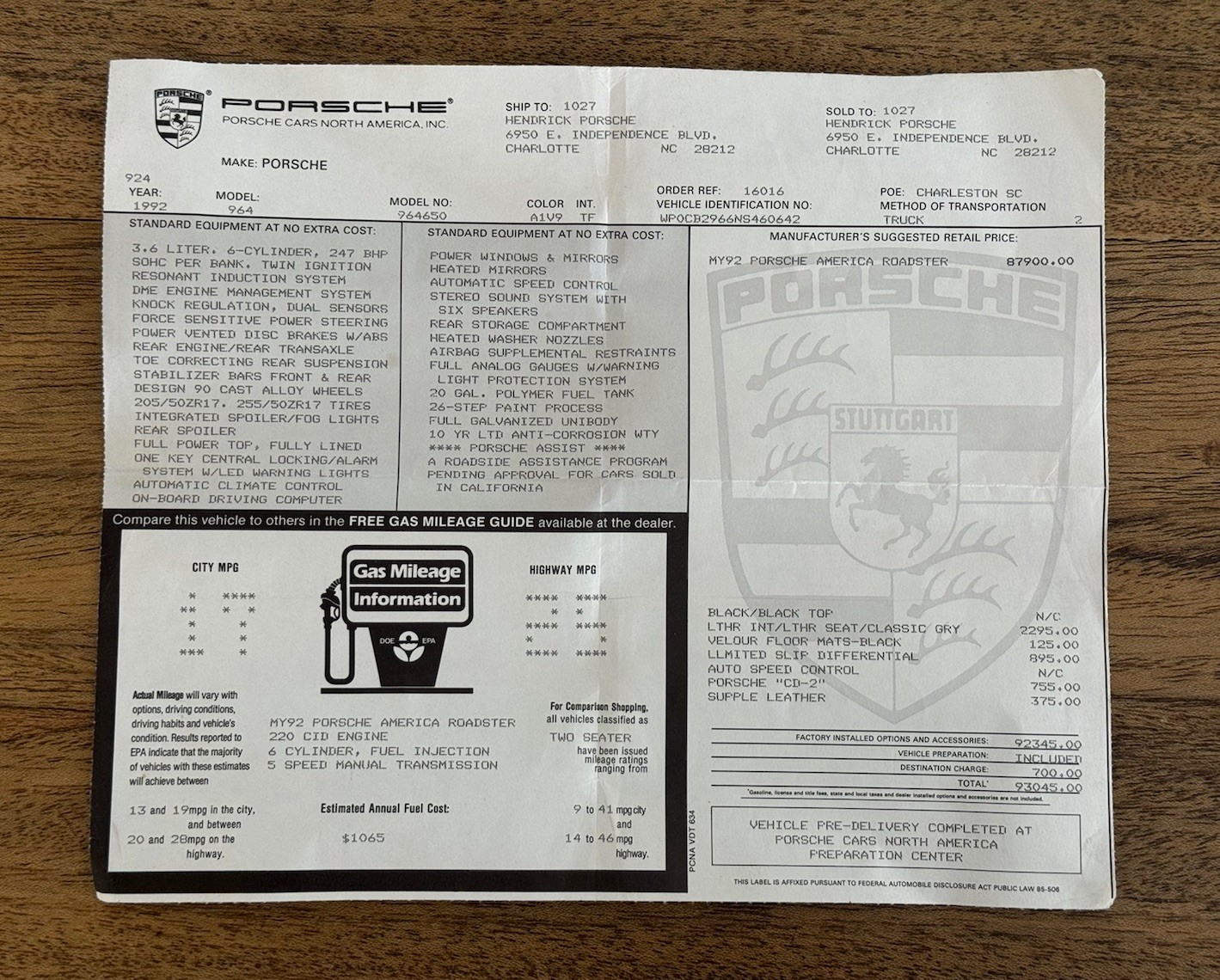 Porsche 911 964 American Roadster Mint OEM 1992 Factory Window Price Sticker Porsche 911 964 American Roadster Mint OEM 1992 Factory Window Price Sticker