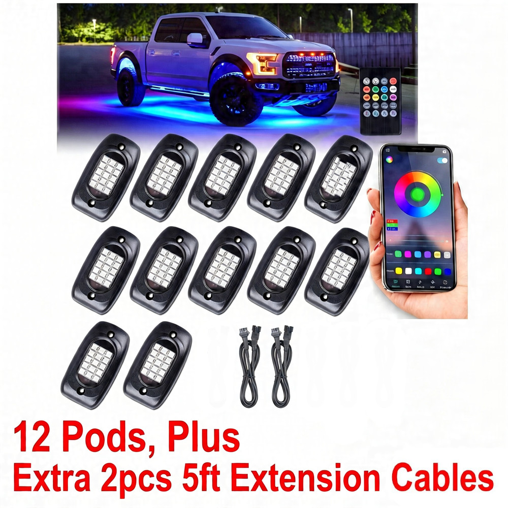 12x RGB LED Rock Pods Light Kit Underbody Glow Neon Bluetooth Lamp Music Control