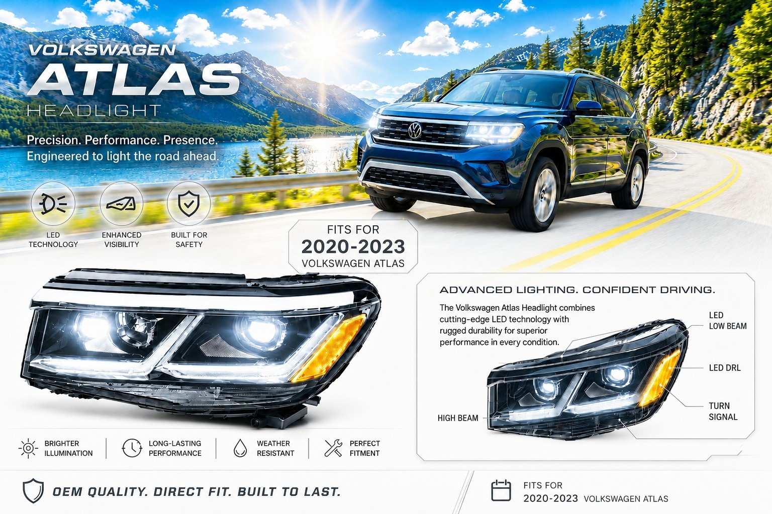 ✅2020-2023 VW Volkswagen Atlas👉 OEM left Driver Side Headlight DRL Defective 