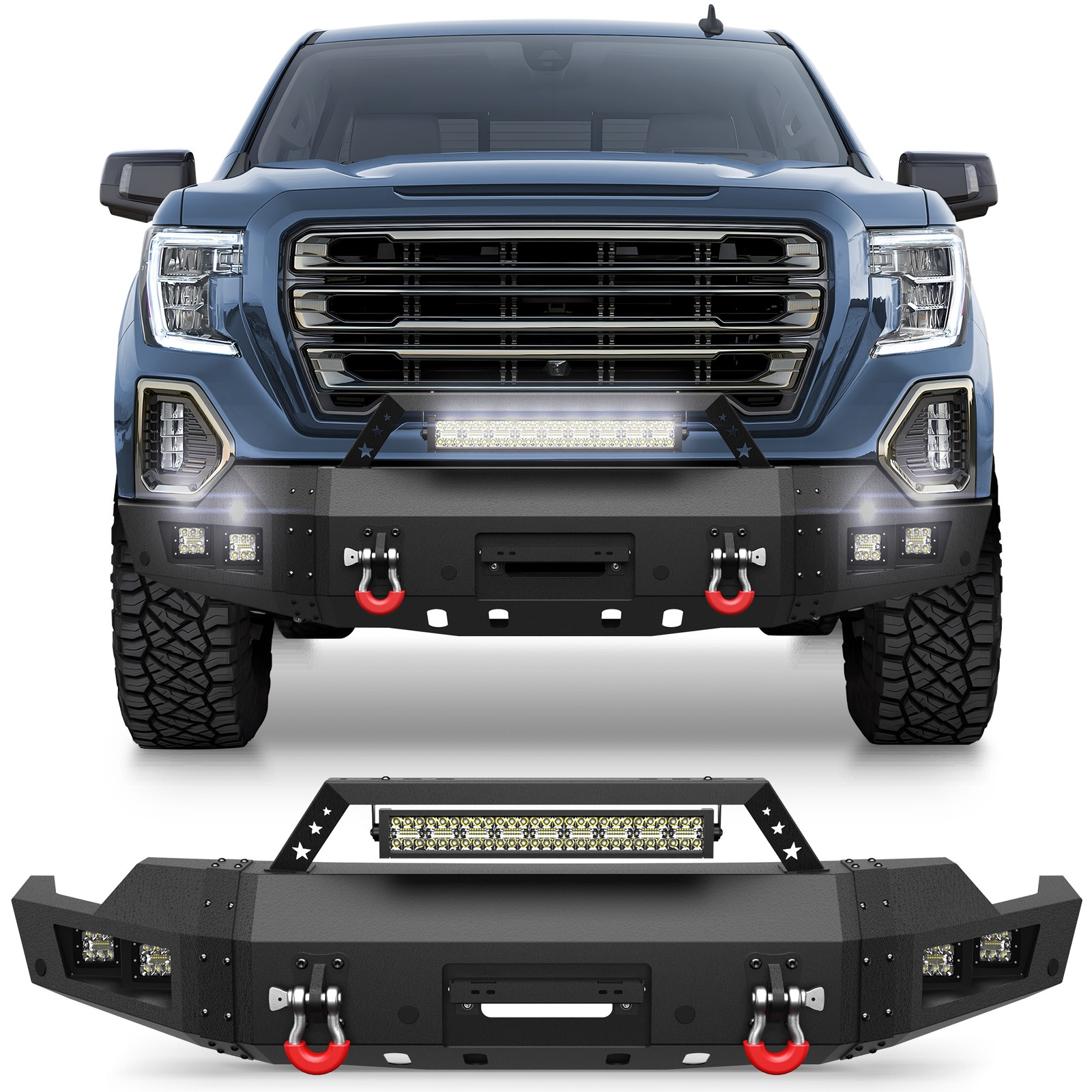 For 2019-2022 GMC Sierra 1500 Steel Front Bumper With Winch Plate & LED Lights