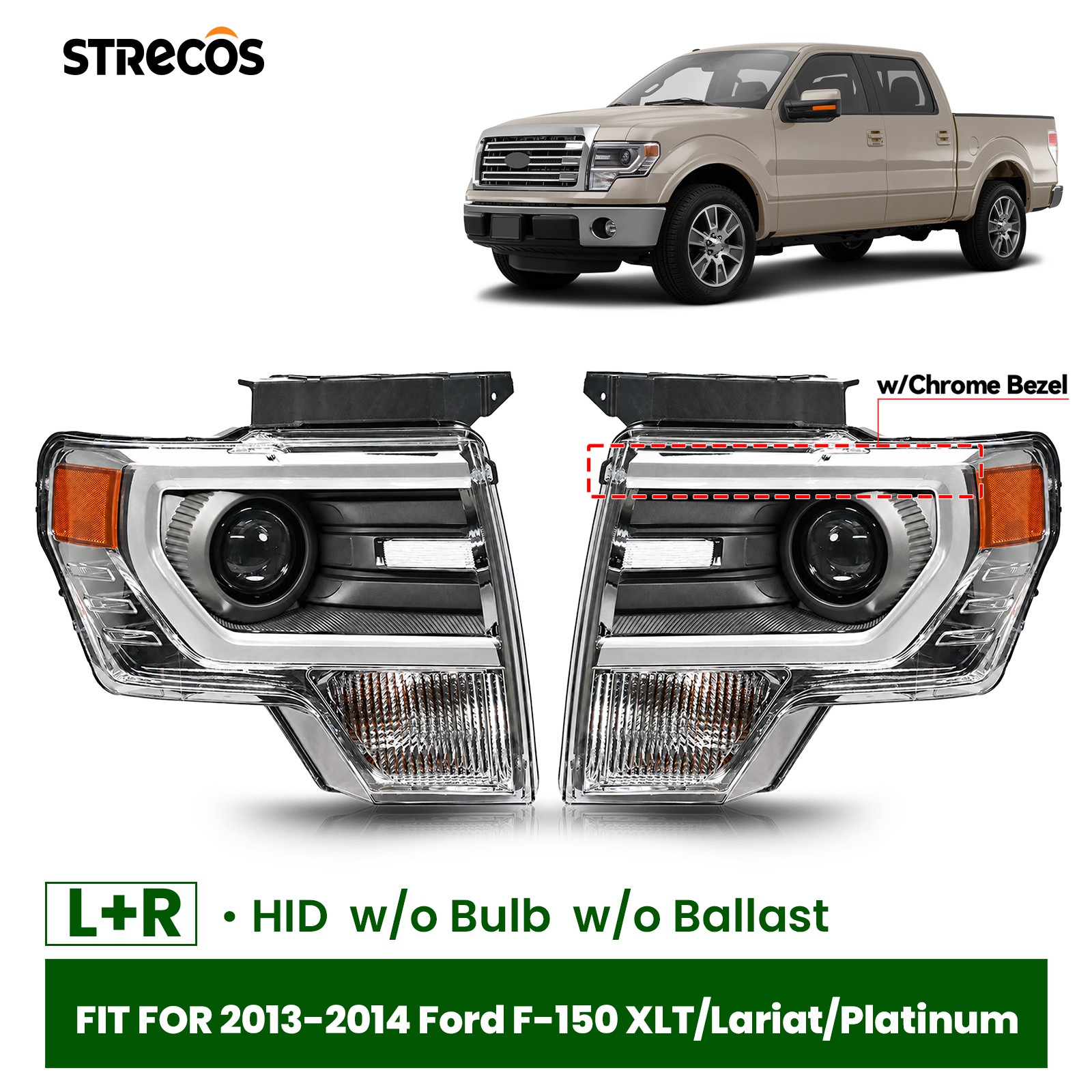 HID Headlight For 2013-2014 Ford F-150 w/o Bulb w/Chrome Trim Left+Right Pair HID Headlight For 2013-2014 Ford F-150 w/o Bulb w/Chrome Trim Left+Right Pair