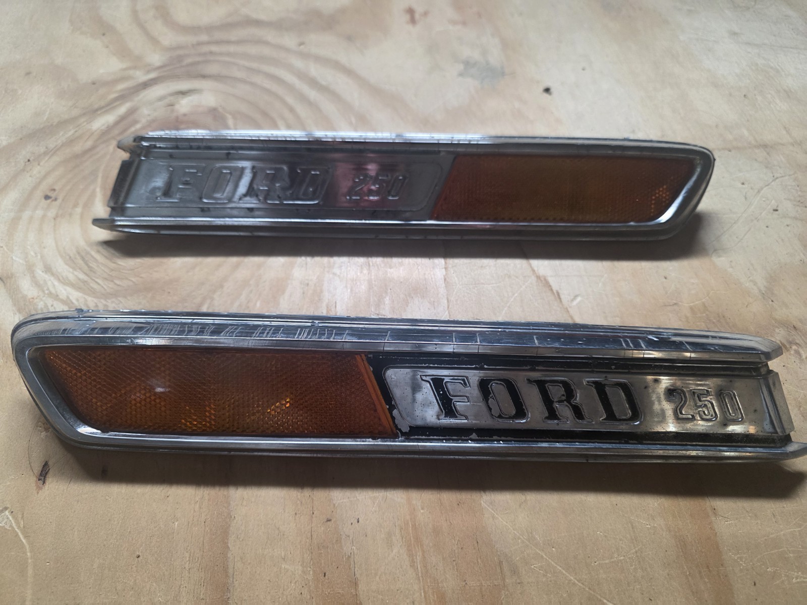 Vintage OEM 1968 to 1972 Ford F 250 Truck Pickup Hood Side Emblem Pair Vintage OEM 1968 to 1972 Ford F 250 Truck Pickup Hood Side Emblem Pair