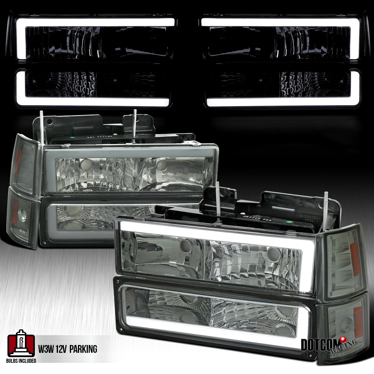Fit 1994-1998 GMC C/K 1500 Sierra Yukon Smoke LED Tube Headlights+BumperLamps