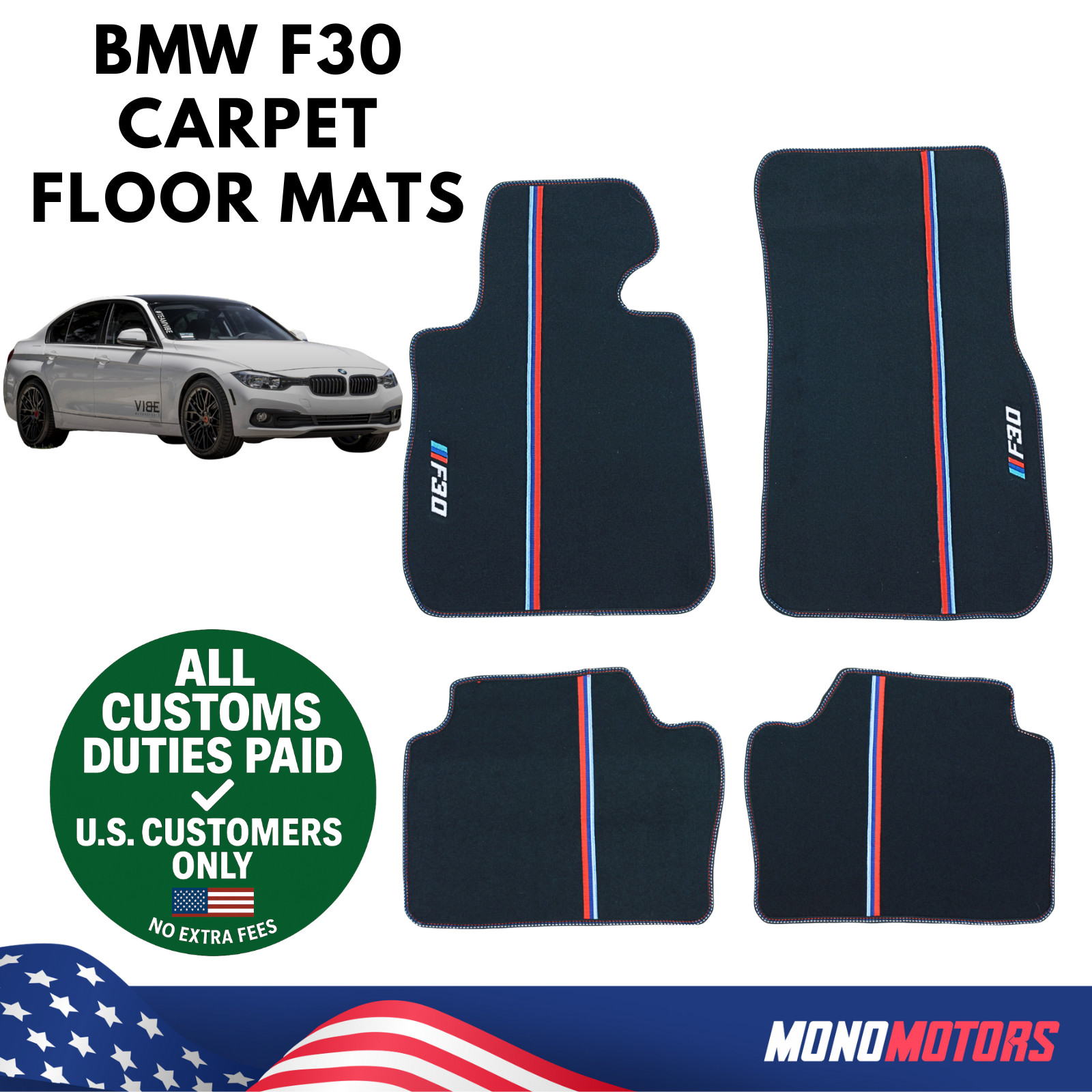 BLACK FLOOR MATS SET FOR BMW F30 3 SERIES M SPORT COLOR STITCHING