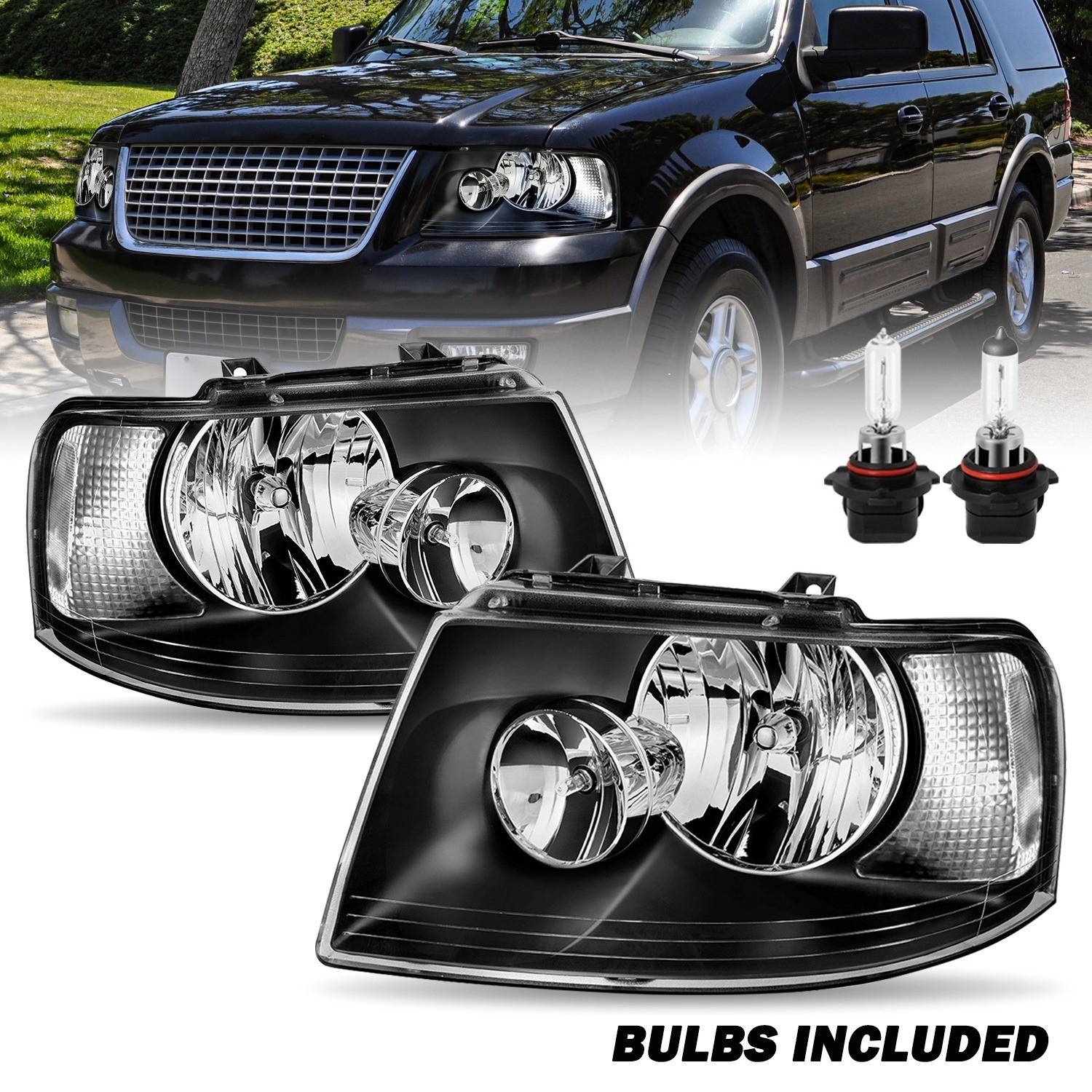 For 2003-2006 Ford Expedition Black Clear Headlights Assembly Pair W/Bulbs For 2003-2006 Ford Expedition Black Clear Headlights Assembly Pair W/Bulbs