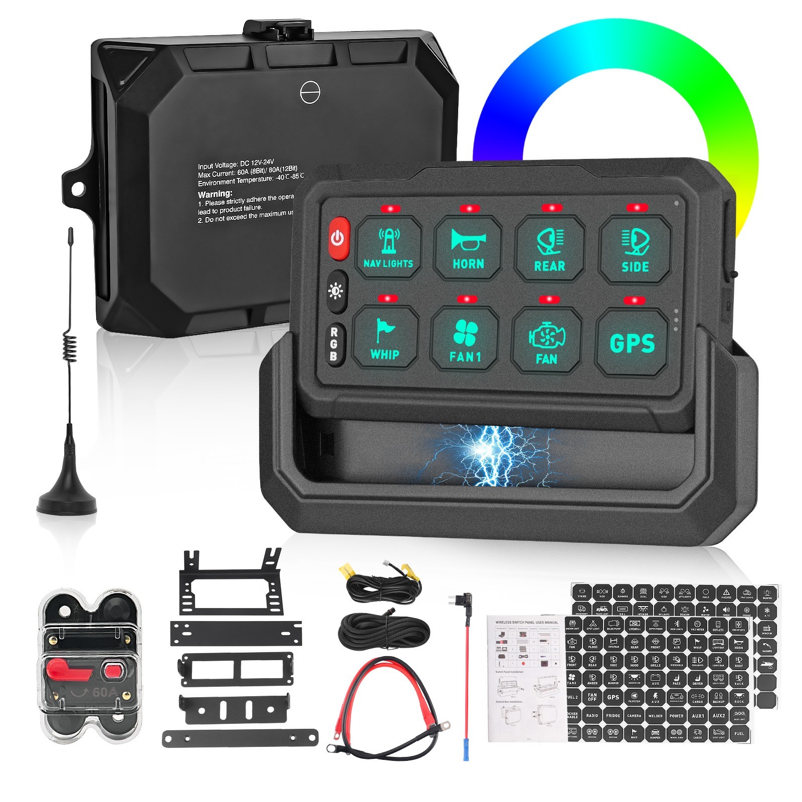 Wireless RGB 8 Gang Switch Panel 12V 24V Universal Remote Control Range to 328FT