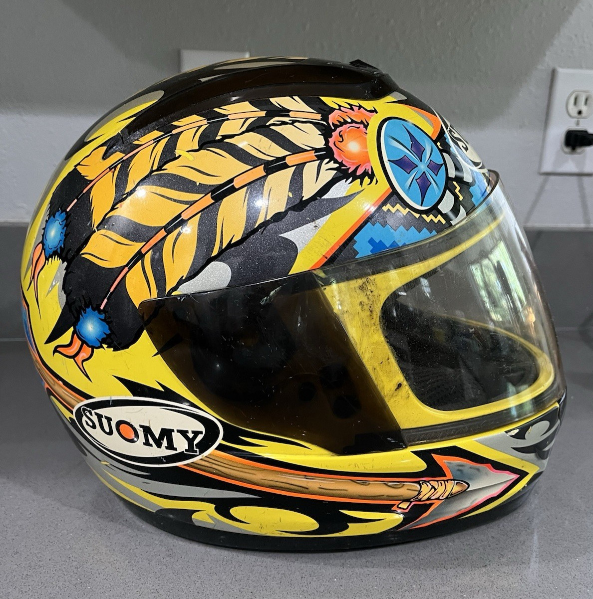 Vintage Suomy Motorcycle Full Face Helmet Crazy Indian or Chieftain Barry Design