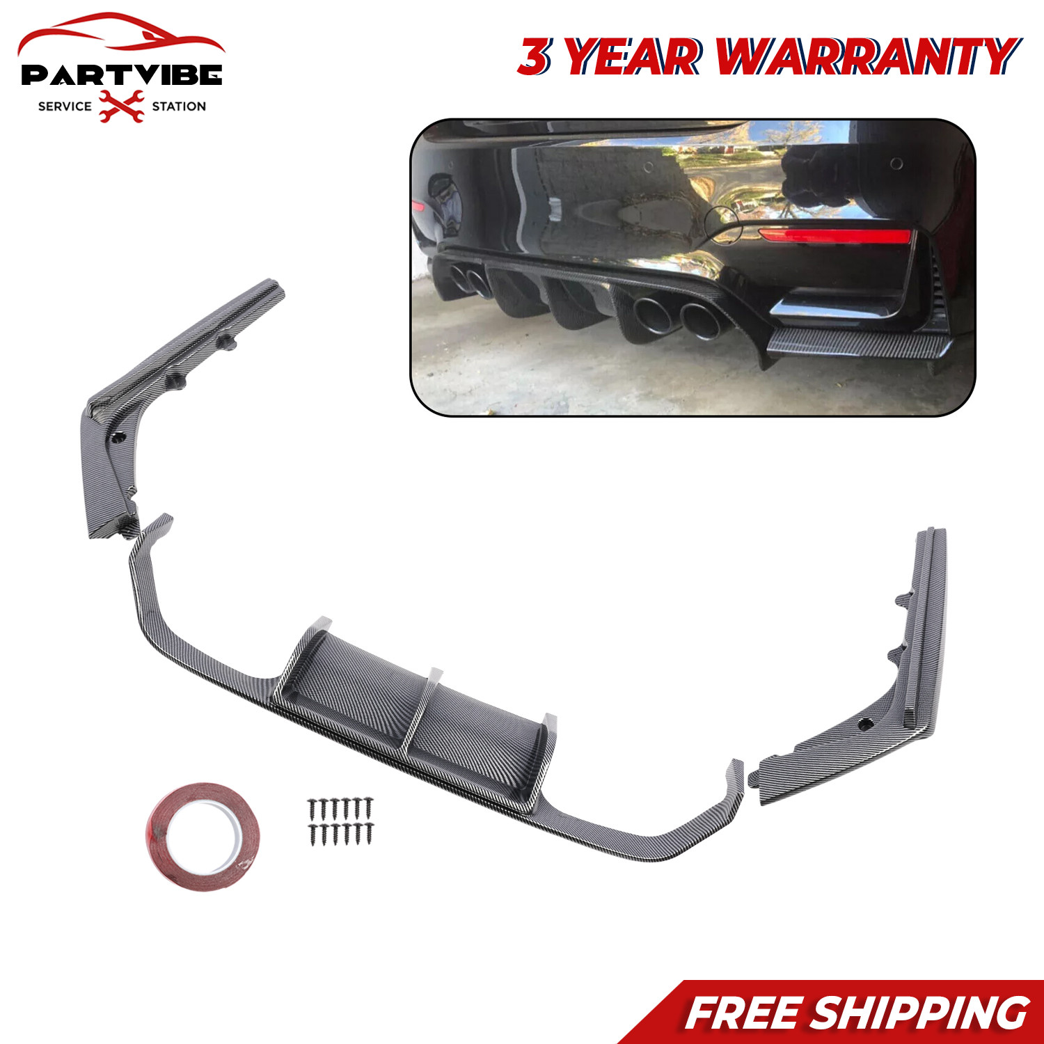 3x Carbon Fiber Rear Bumper Diffuser Splitter Lip For BMW F80 M3 F82 M4 2014-20 3x Carbon Fiber Rear Bumper Diffuser Splitter Lip For BMW F80 M3 F82 M4 2014-20
