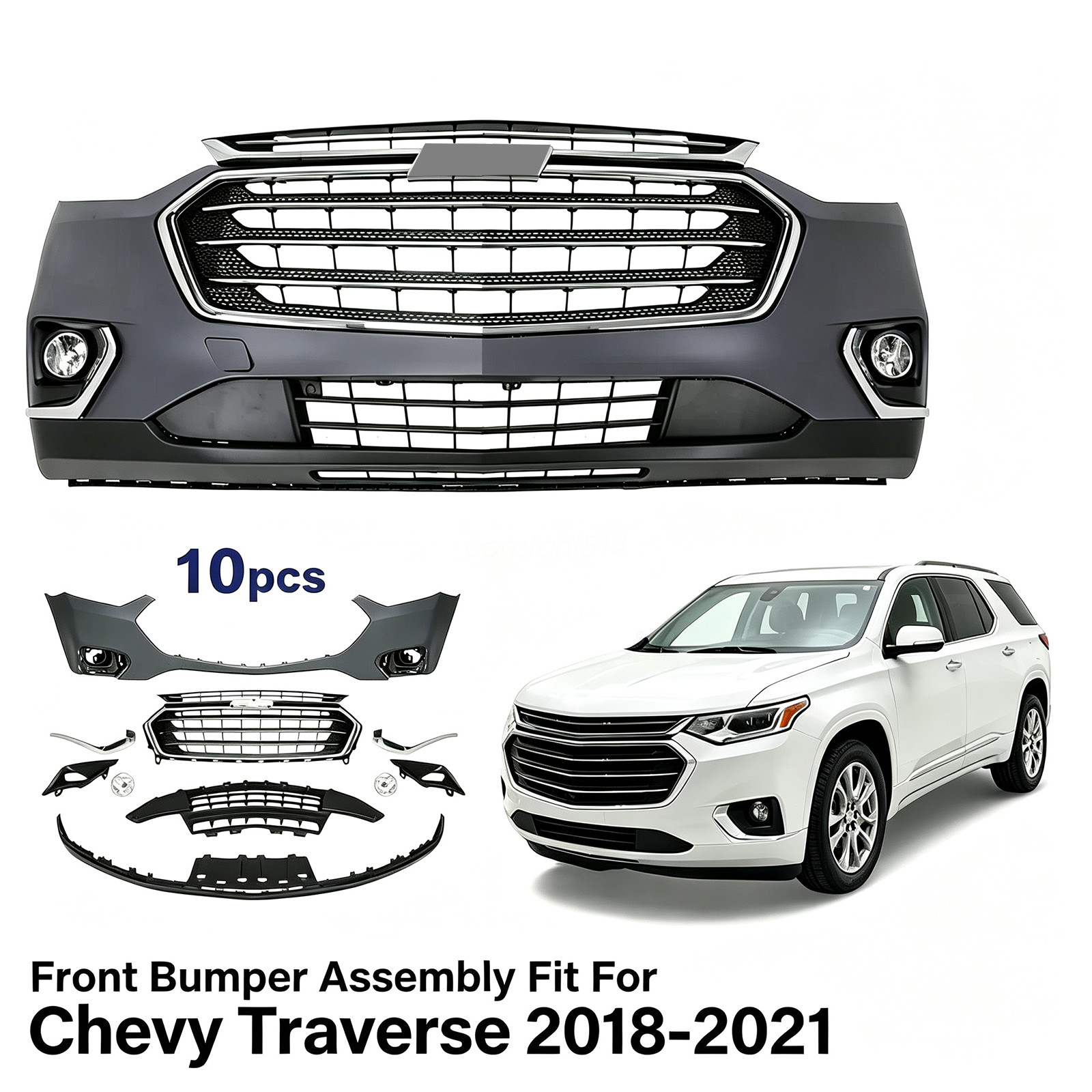 Front Bumper Cover Assembly Grille Kit For 2018-2021 Chevy Traverse w/ Fog Light