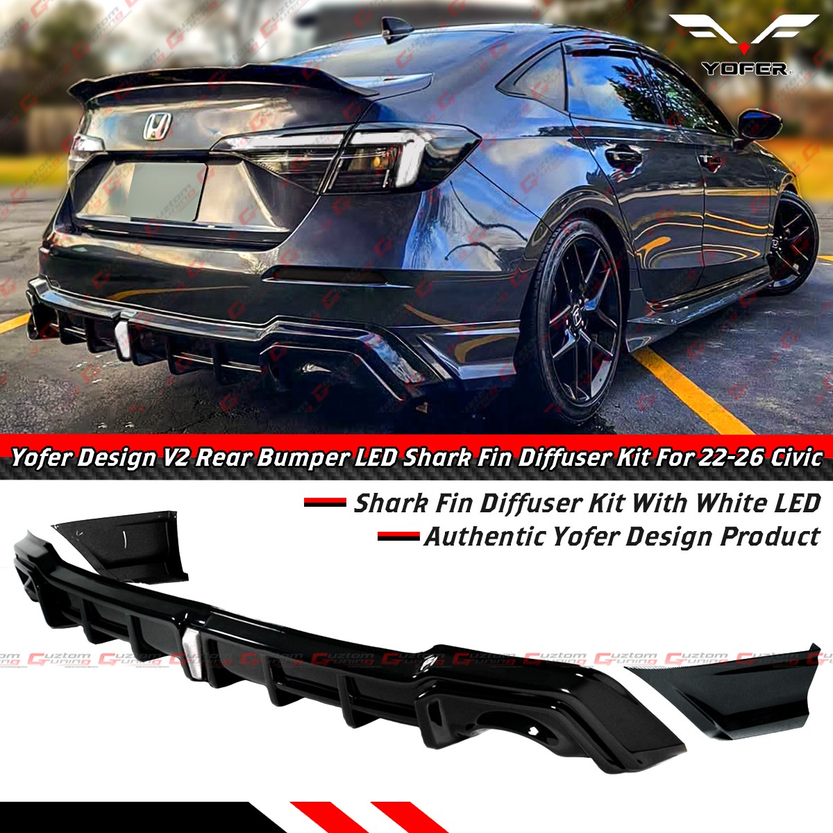 For 22-26 Honda Civic Sedan Yofer V2 Meteorite Gray Rear Diffuser Kit White LED For 22-26 Honda Civic Sedan Yofer V2 Meteorite Gray Rear Diffuser Kit White LED