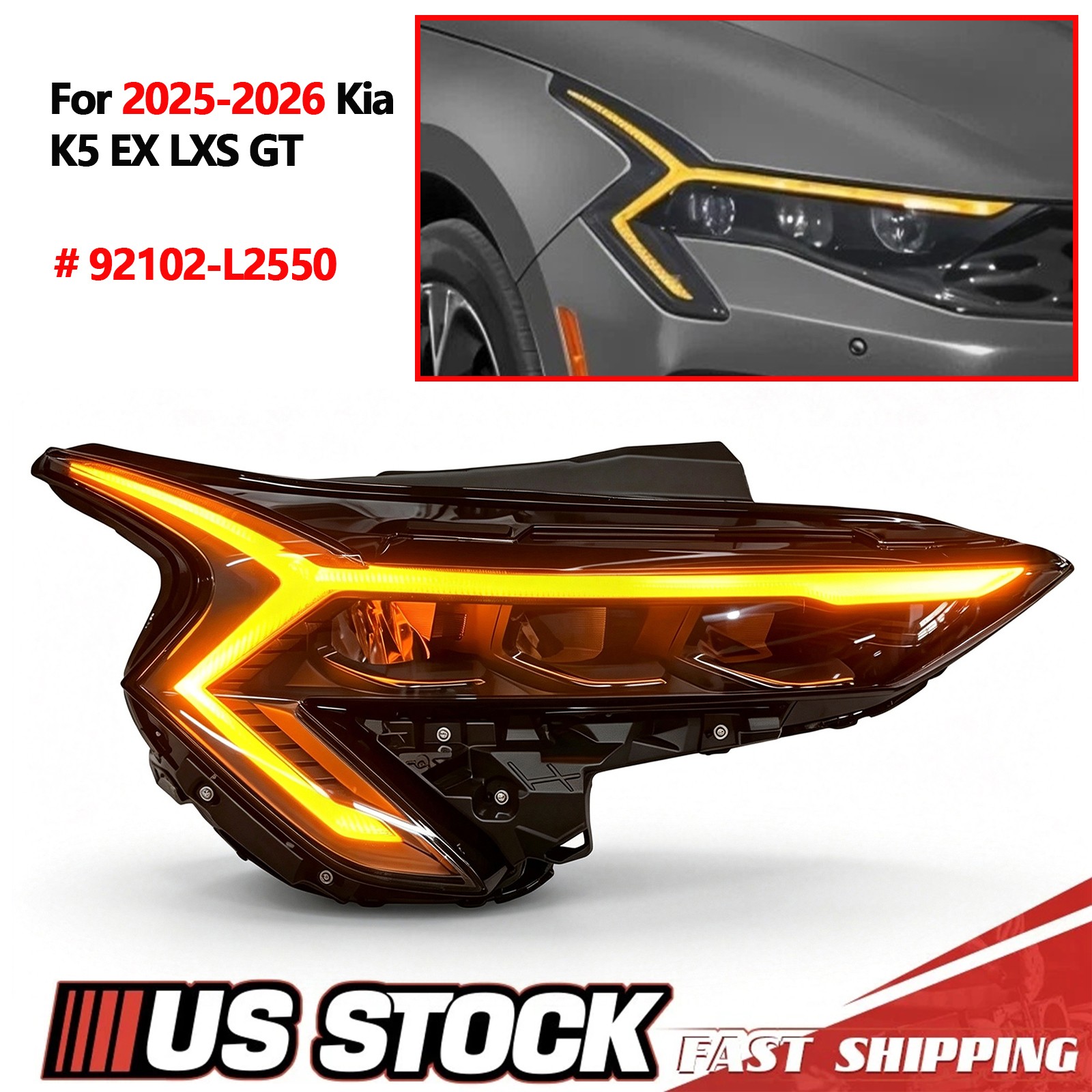 92102-L2550 for 2025-2026 Kia K5 EX LXS GT Passenger Side LED Headlight Assembly