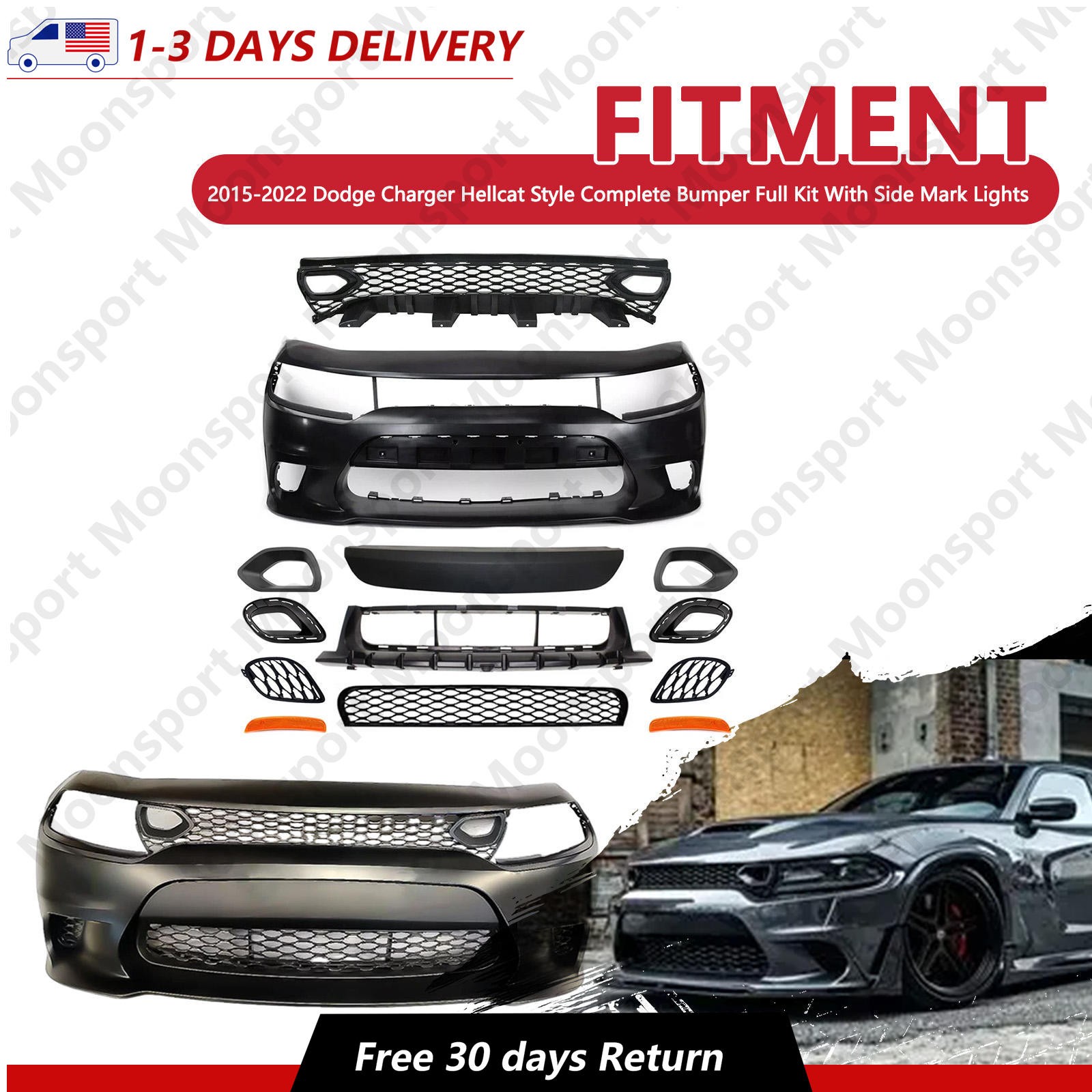 Fits 2015-2022 Dodge Charger Front Bumper Kit Hellcat Style W/ Side Mark Lights Fits 2015-2022 Dodge Charger Front Bumper Kit Hellcat Style W/ Side Mark Lights