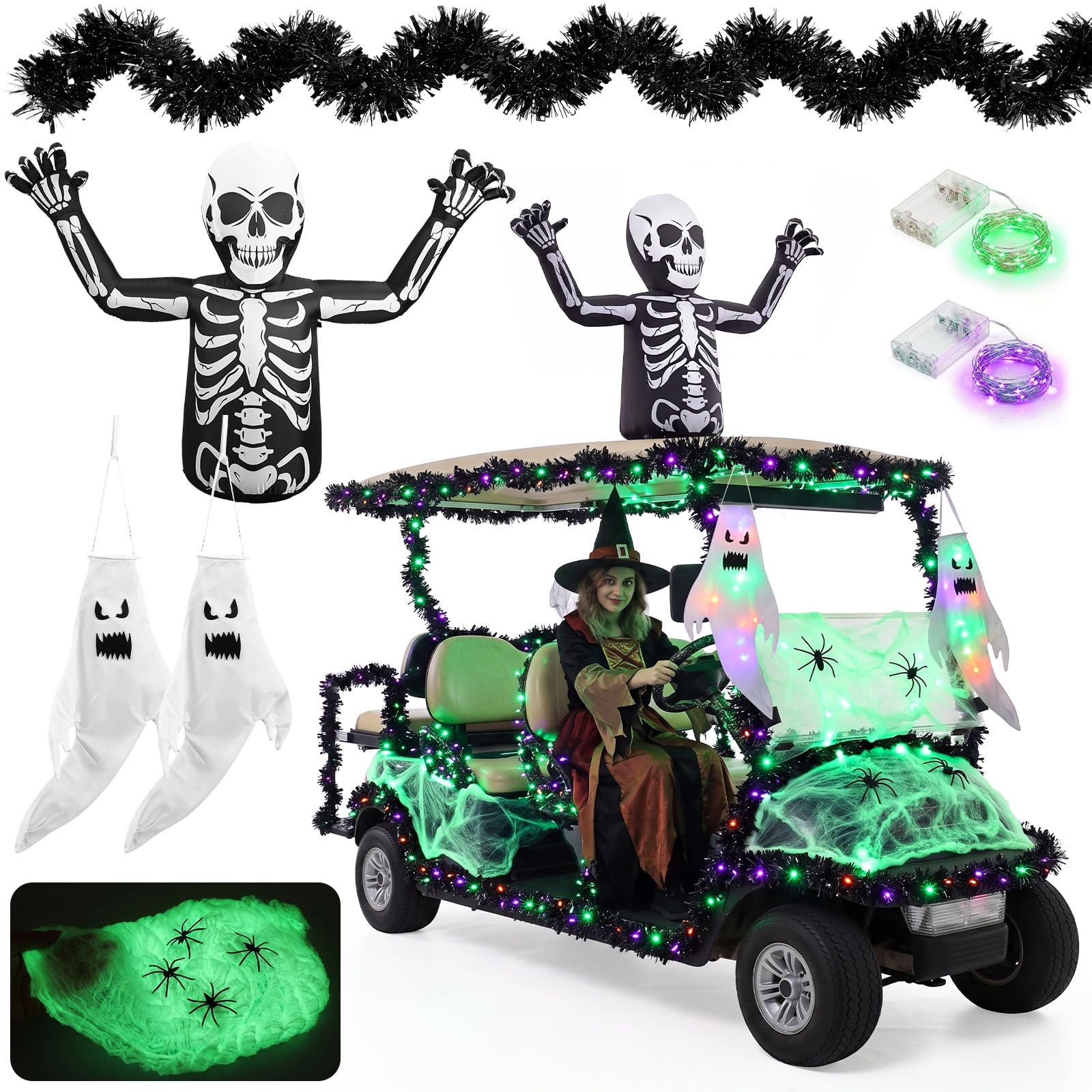 12 Pcs Halloween Golf Cart Decoration Kit, LED Skeleton Halloween Car Decor