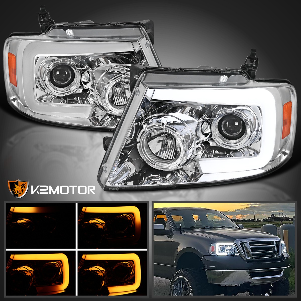 Fits 2004-2008 Ford F150 LED Sequential Signal Bar Projector Headlights Lamps Fits 2004-2008 Ford F150 LED Sequential Signal Bar Projector Headlights Lamps