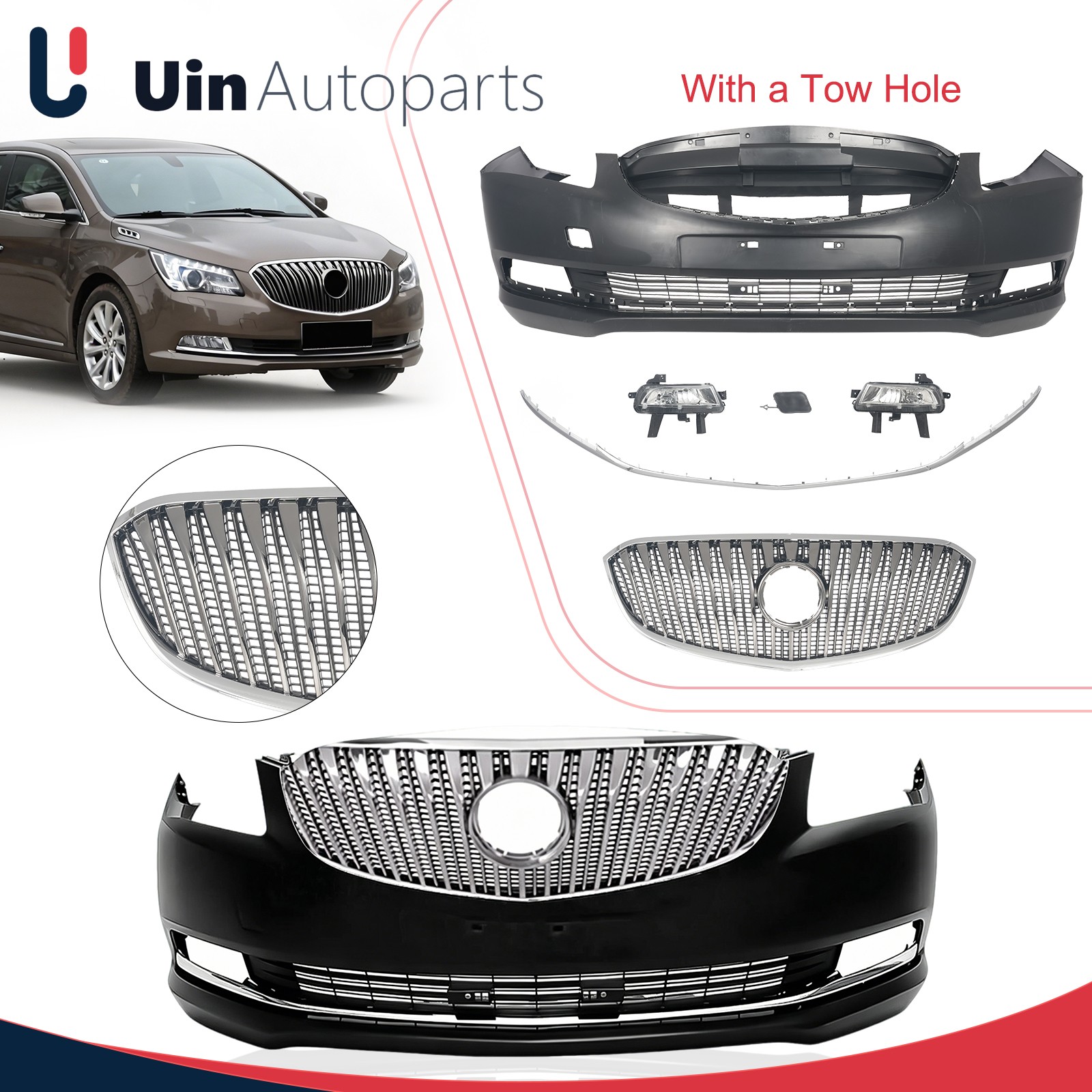 Black Front Bumper Cover Grille Set Complete Fit For 2014-2016 Buick LaCrosse