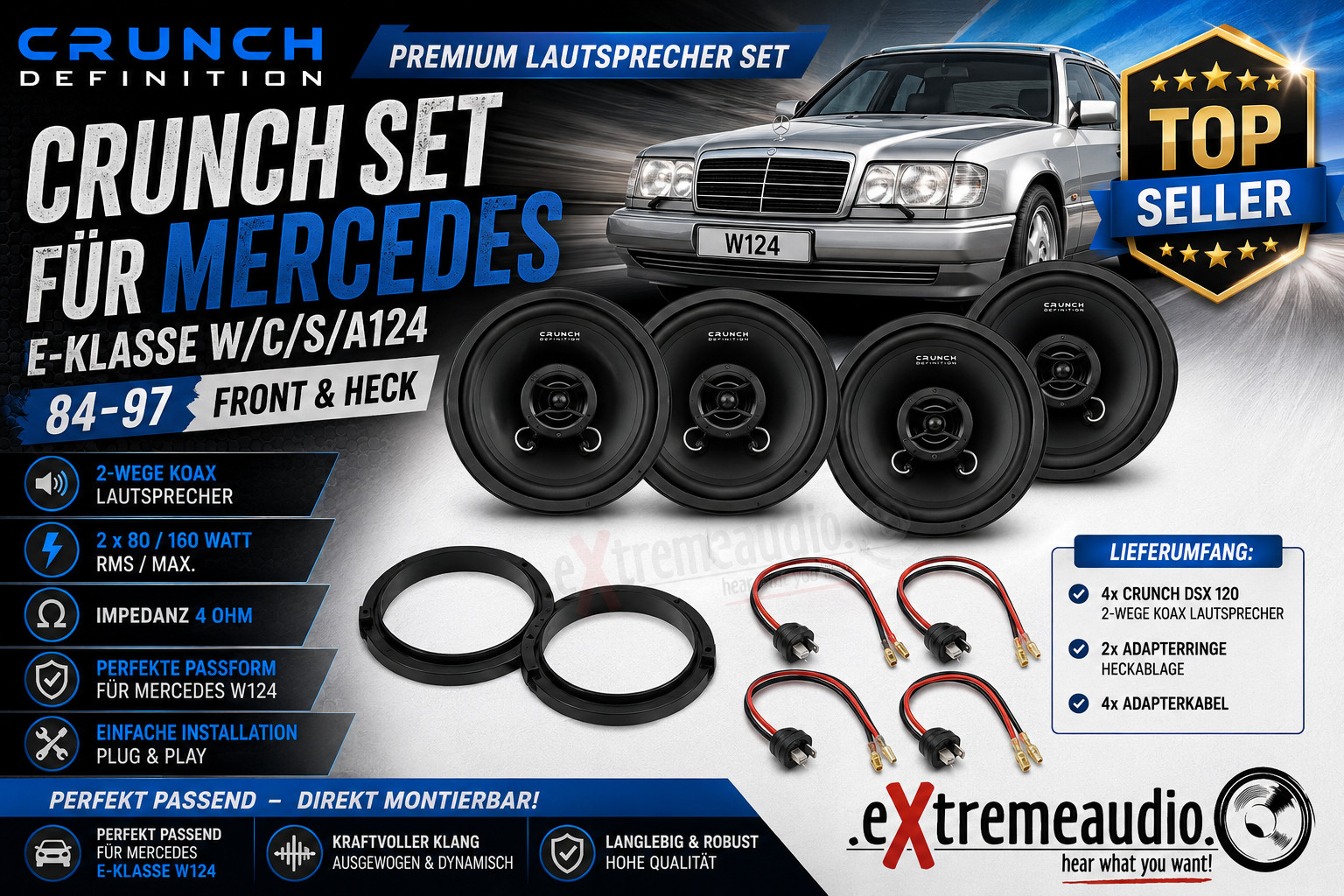 CRUNCH Set For MERCEDES E-Class W/C/S/A124 - 84-97 Front And Rear Speakers CRUNCH Set For MERCEDES E-Class W/C/S/A124 - 84-97 Front And Rear Speakers