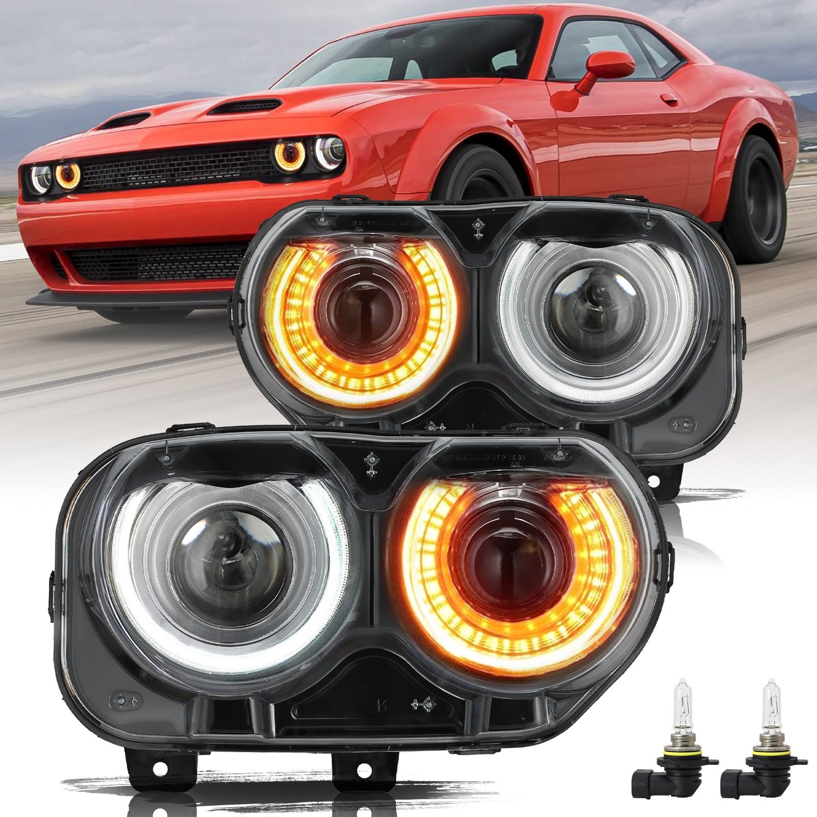 Pair LED Headlights Halogen Head lamps Projector For 2015-2023 Dodge Challenger Pair LED Headlights Halogen Head lamps Projector For 2015-2023 Dodge Challenger