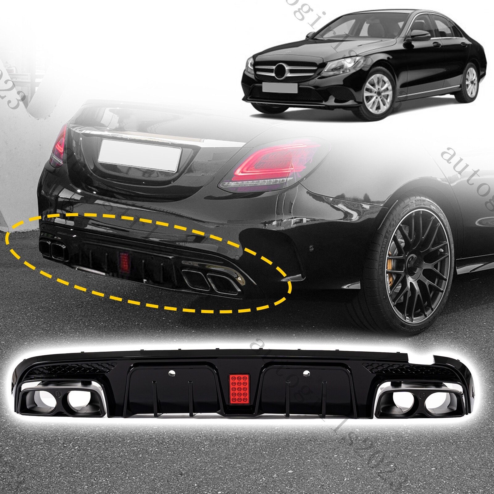 FOR 15-21 BENZ W205 C63 C43 SEDAN B STYLE LED BUMPER DIFFUSER + EXHAUST TIPS Set