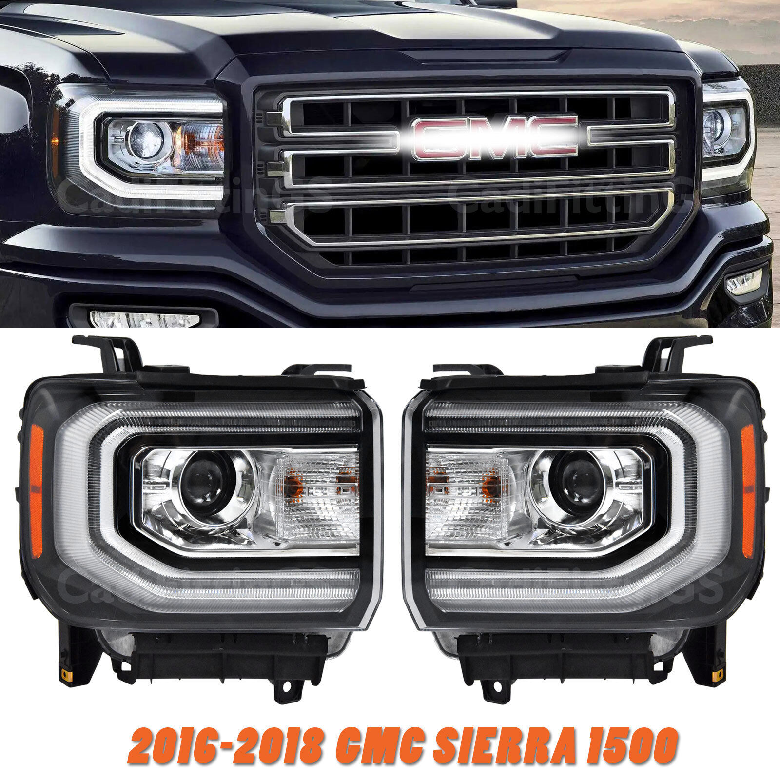 2016-2018 GMC Sierra 1500 HID/Xenon Type LED DRL Projector Headlights Headlamps