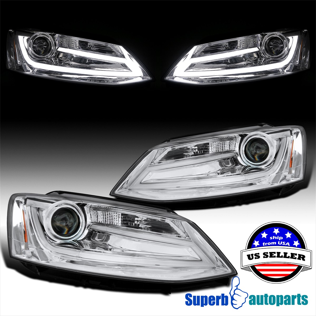 Fits 2011-2018 Volkswagen 11-18 VW Jetta Projector Headlights w/ LED Light Bar Fits 2011-2018 Volkswagen 11-18 VW Jetta Projector Headlights w/ LED Light Bar
