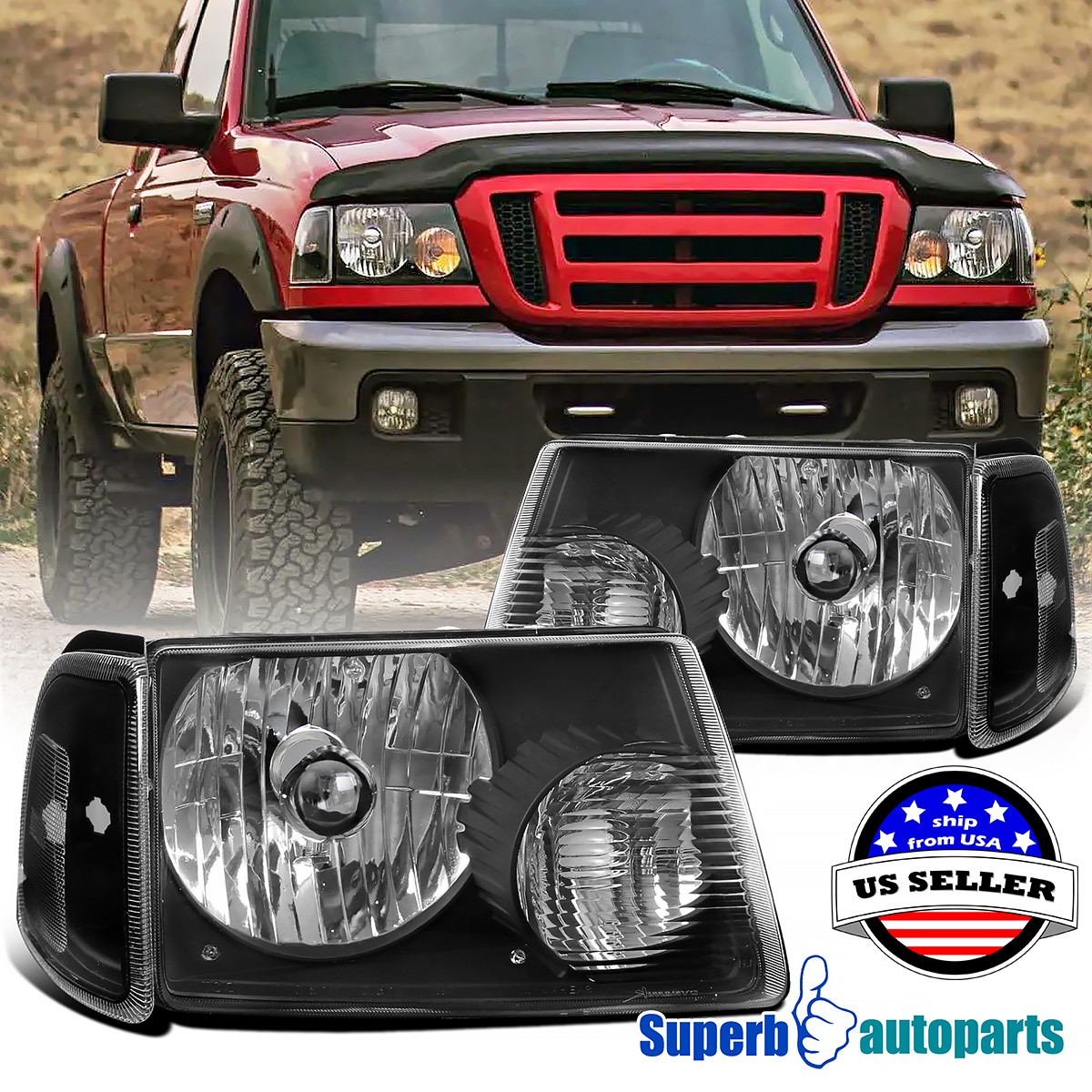 Fits 2001-2011 Ford Ranger Black Headlights+Corner Turn Signal Lights Fits 2001-2011 Ford Ranger Black Headlights+Corner Turn Signal Lights