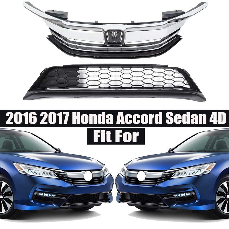 FITS 2016 2017 Honda Accord Sedan 4D Front Bumper Upper & Lower Grille Grill Kit