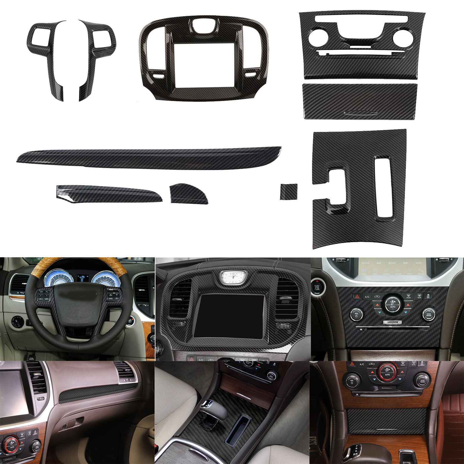 10x Carbon Center Console Full Decor Trim Accessories Kit for Chrysler 300 10-14