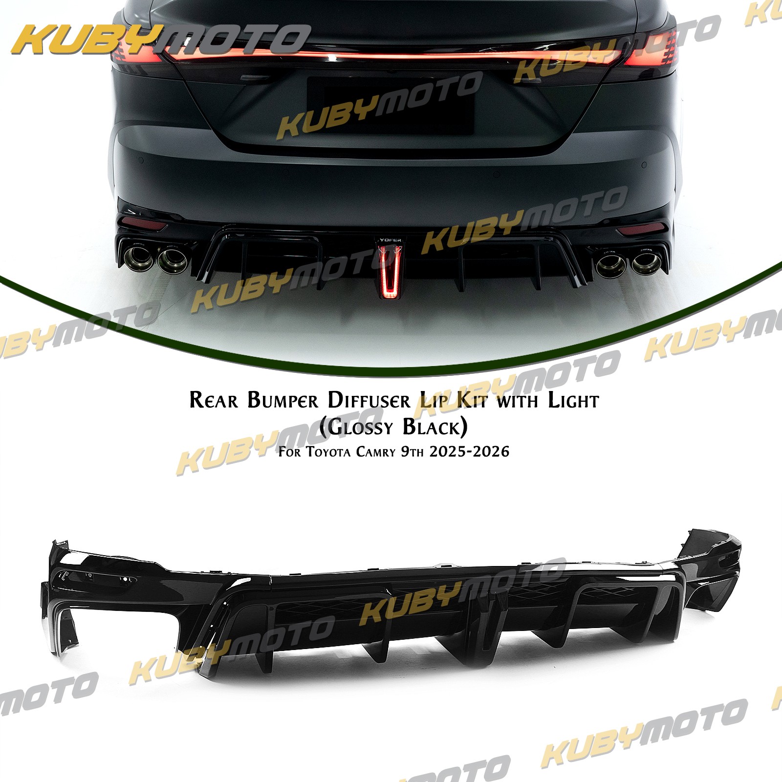 For 2025-26 Toyota Camry SE XSE Gloss Black LED Rear Bumper Diffuser Lip Kit