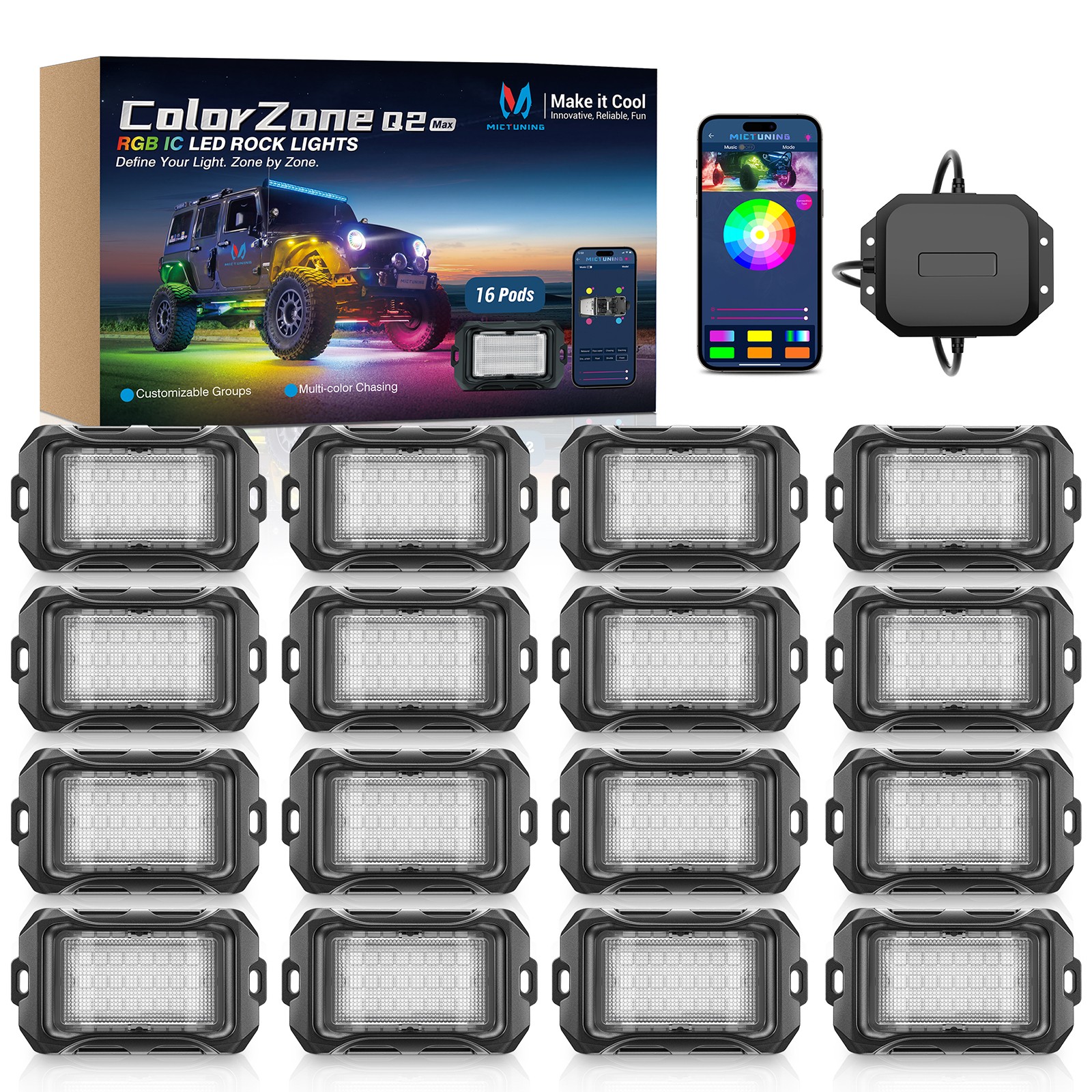 MICTUNING 16 Pods RGB+IC LED Rock Lights for Truck Underglow Under Car Neon Kit